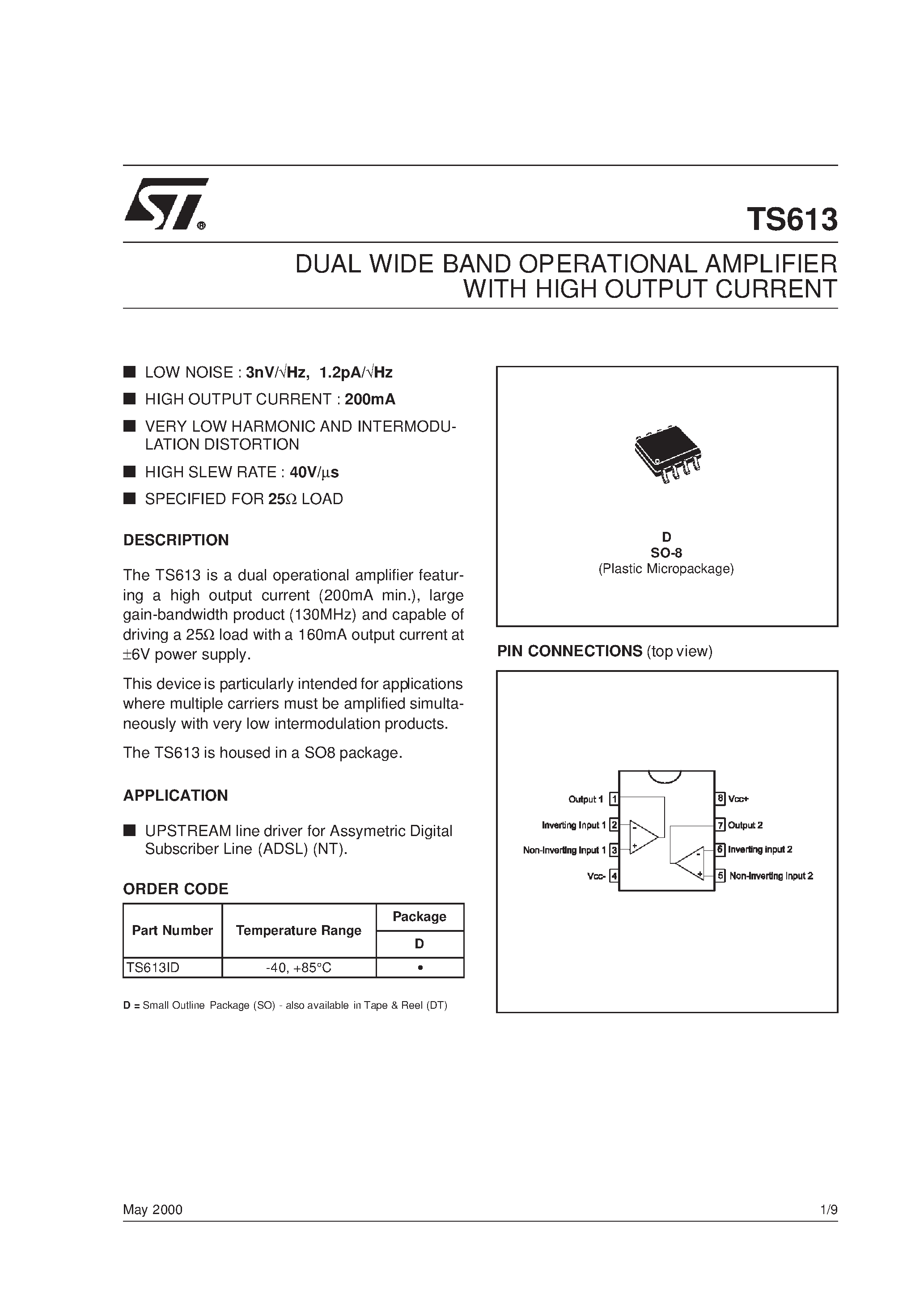 Datasheet TS613 - DUAL WIDE BAND OPERATIONAL AMPLIFIER WITH HIGH OUTPUT CURRENT page 1