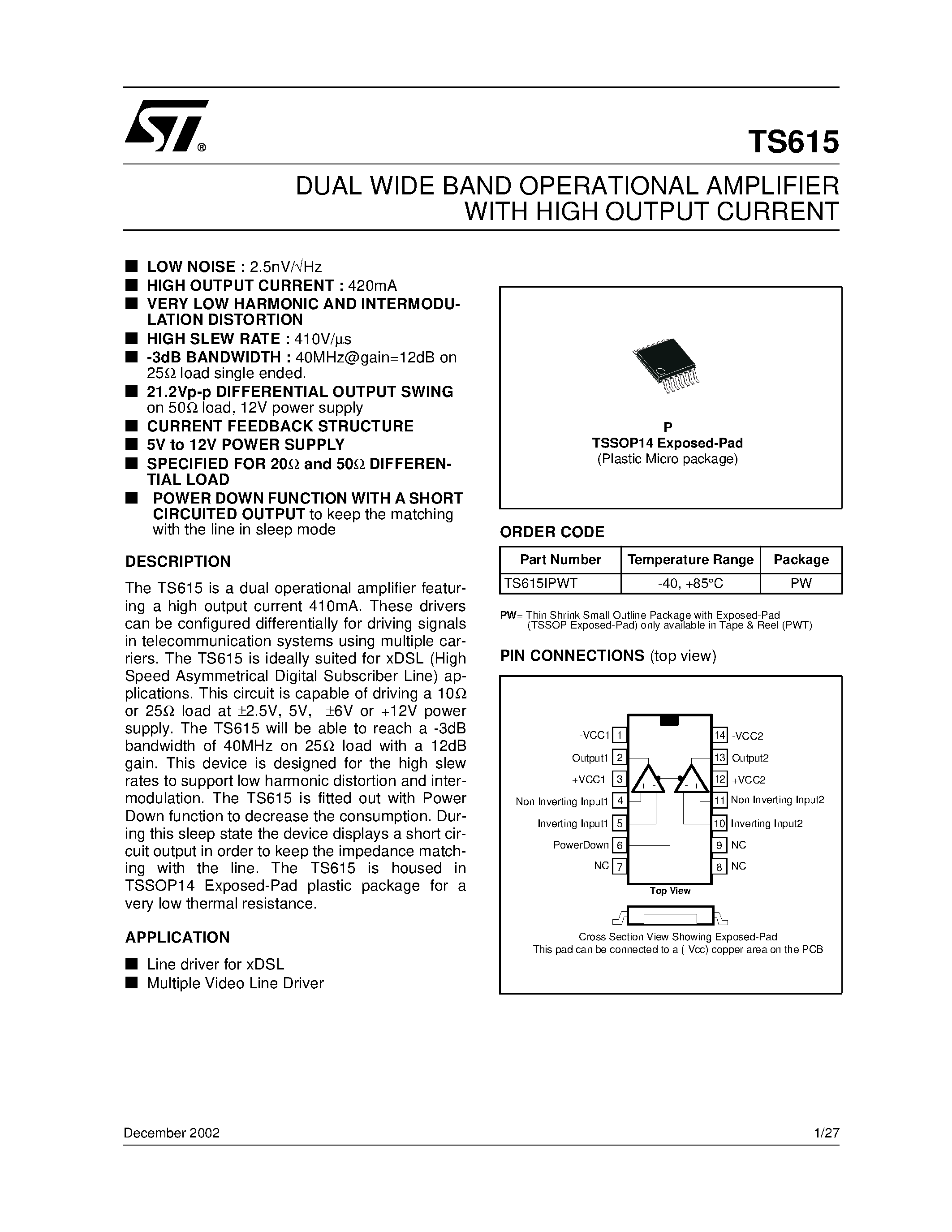 Datasheet TS615 - DUAL WIDE BAND OPERATIONAL AMPLIFIER WITH HIGH OUTPUT CURRENT page 1