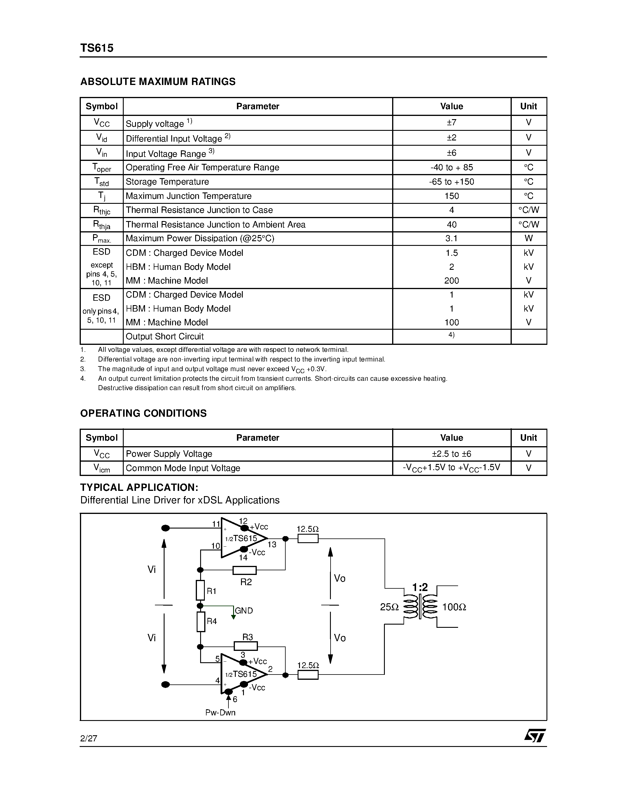 Datasheet TS615 - DUAL WIDE BAND OPERATIONAL AMPLIFIER WITH HIGH OUTPUT CURRENT page 2