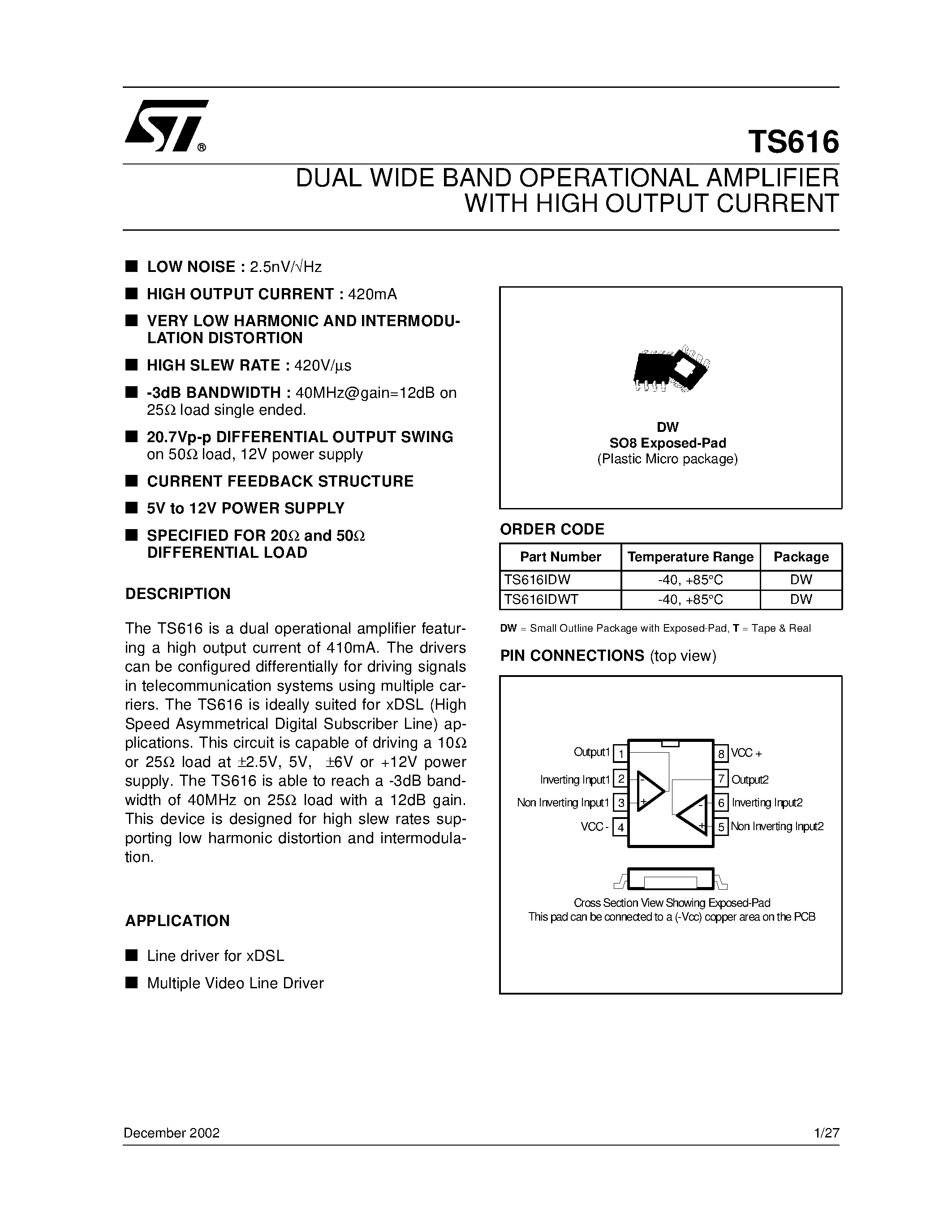 Datasheet TS616 - DUAL WIDE BAND OPERATIONAL AMPLIFIER WITH HIGH OUTPUT CURRENT page 1