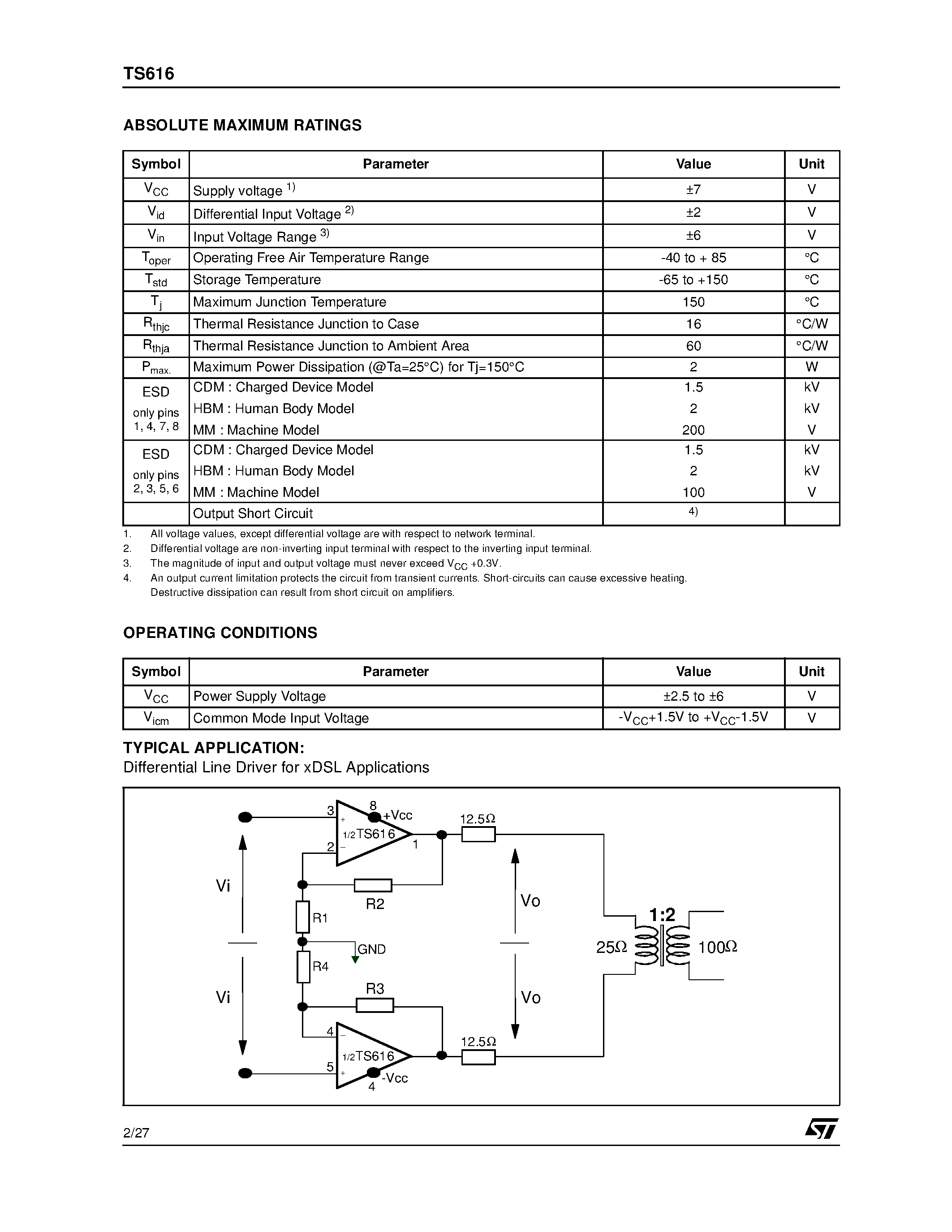 Datasheet TS616 - DUAL WIDE BAND OPERATIONAL AMPLIFIER WITH HIGH OUTPUT CURRENT page 2