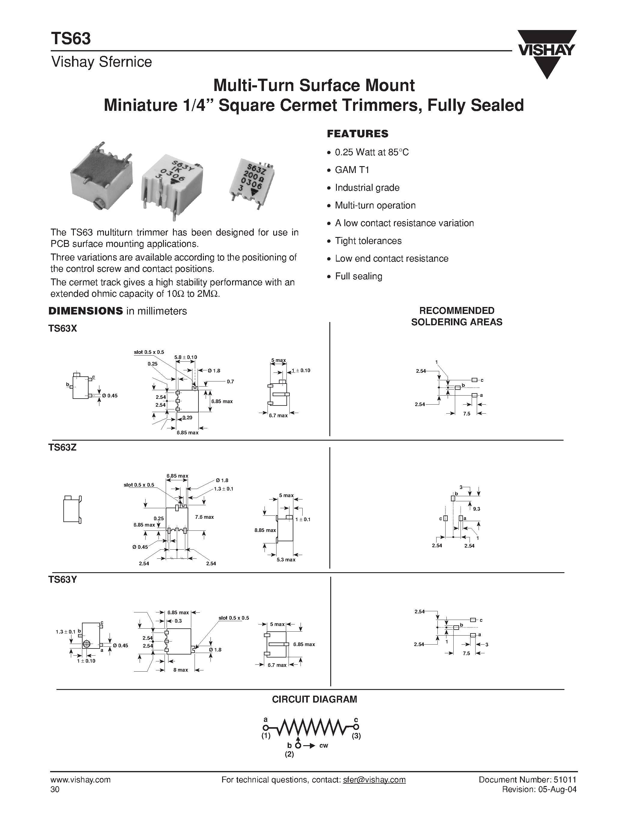 Даташит TS63 - Multi-Turn Surface Mount Miniature 1/4 Square Cermet Trimmers/ Fully Sealed страница 1