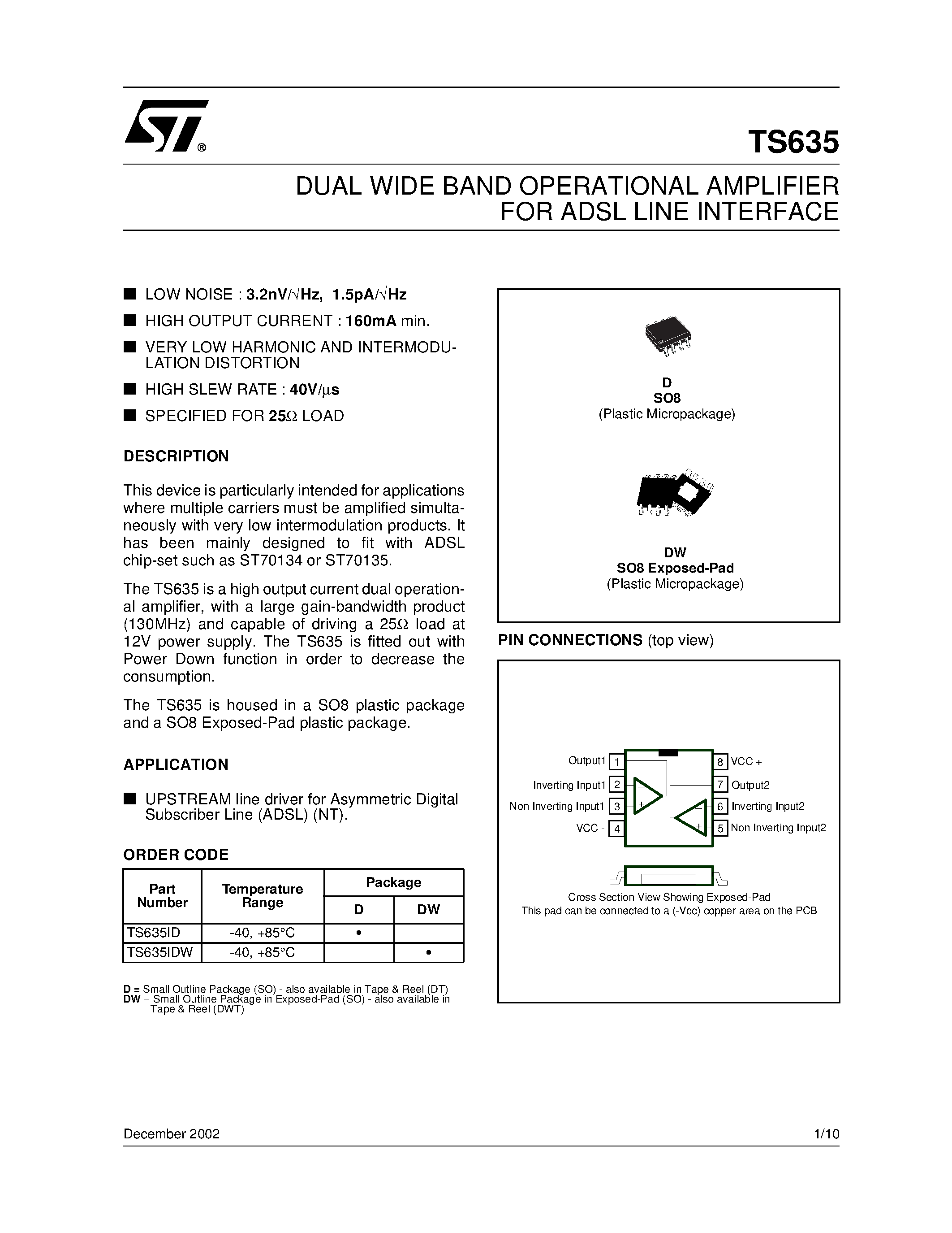 Даташит TS635DW - DUAL WIDE BAND OPERATIONAL AMPLIFIER FOR ADSL LINE INTERFACE страница 1