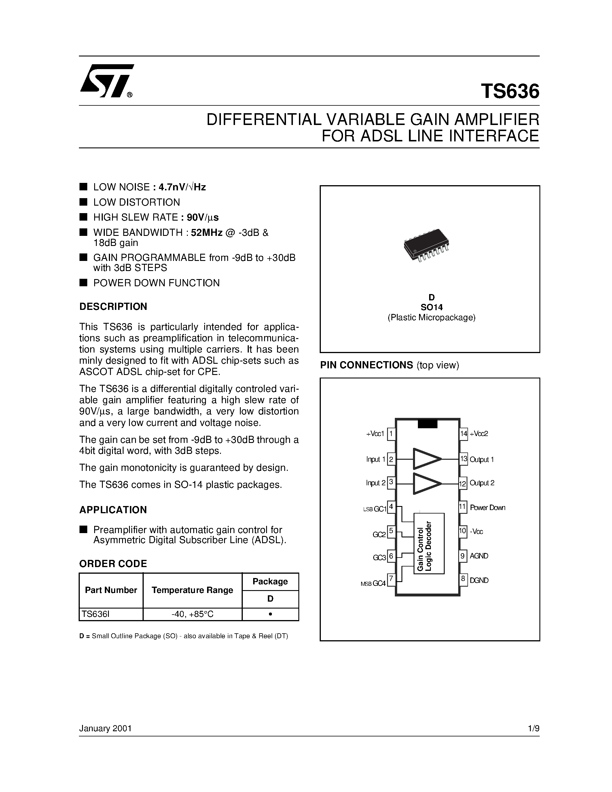 Даташит TS636D - DIFFERENTIAL VARIABLE GAIN AMPLIFIER FOR ADSL LINE INTERFACE страница 1