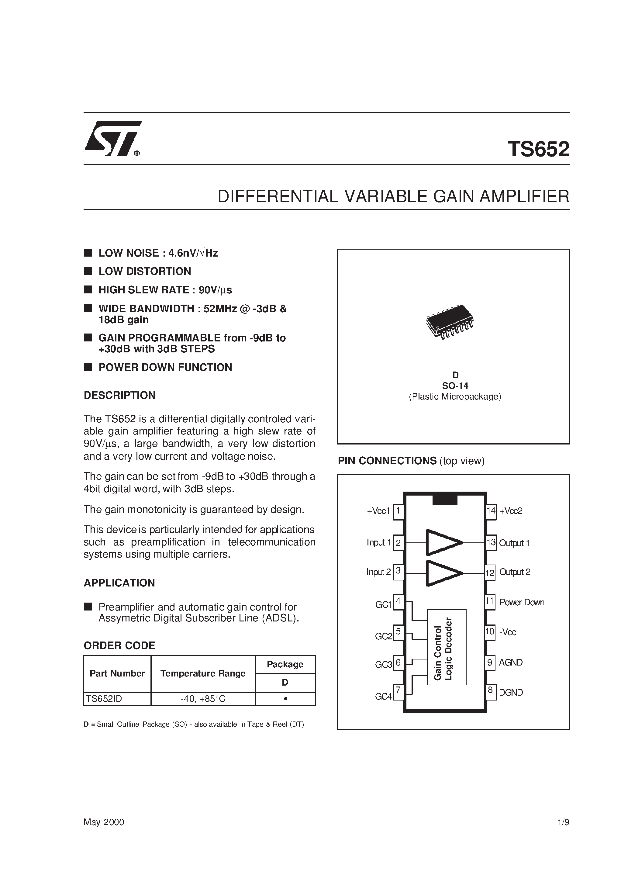 Datasheet TS652 - DIFFERENTIAL VARIABLE GAIN AMPLIFIER page 1