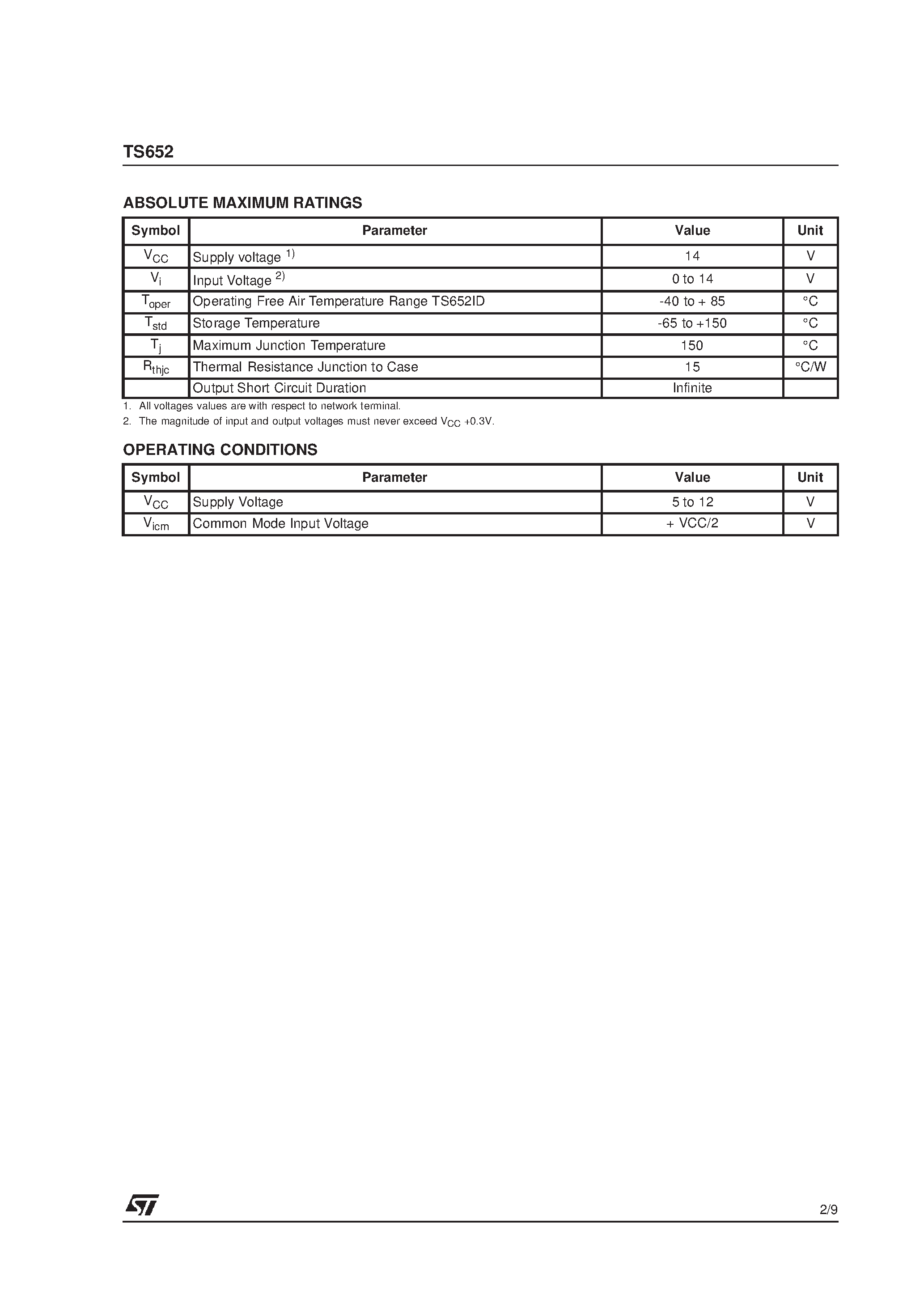 Datasheet TS652 - DIFFERENTIAL VARIABLE GAIN AMPLIFIER page 2