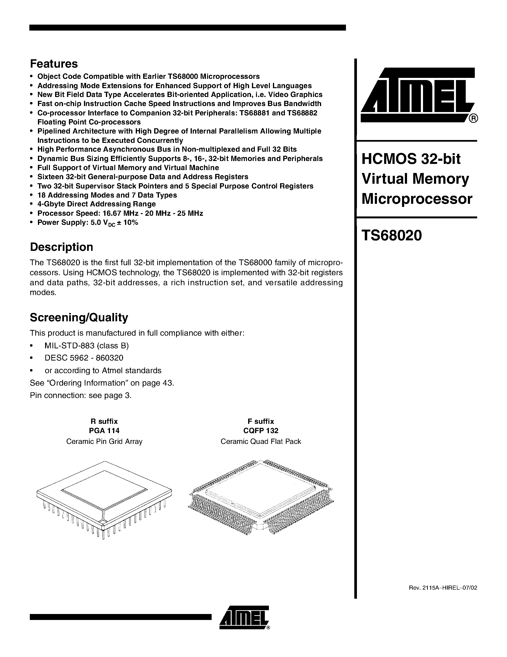 Даташит TS68020MF16 - HCMOS 32-bit Virtual Memory Microprocessor страница 1