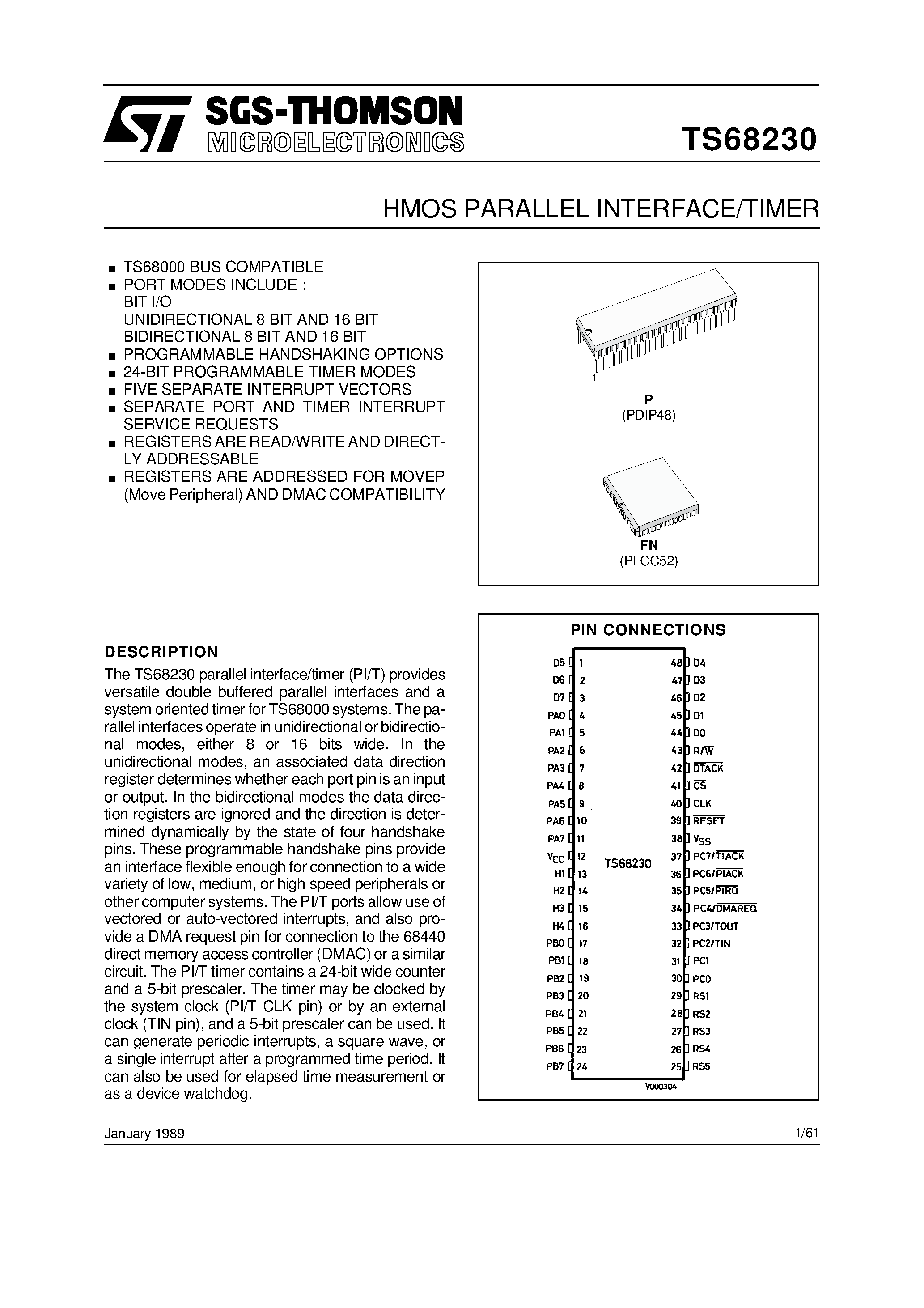 Datasheet TS68230 - HMOS PARALLEL INTERFACE/TIMER page 1