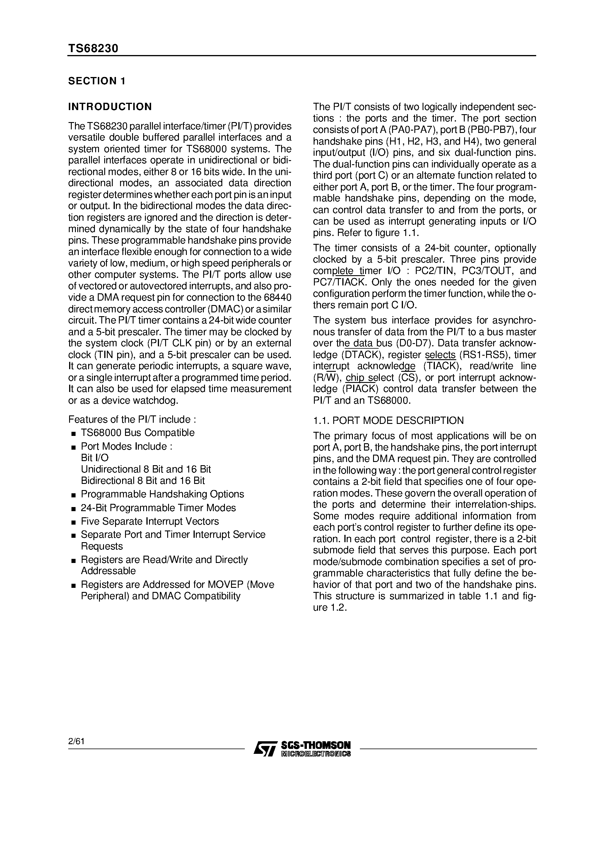 Datasheet TS68230 - HMOS PARALLEL INTERFACE/TIMER page 2