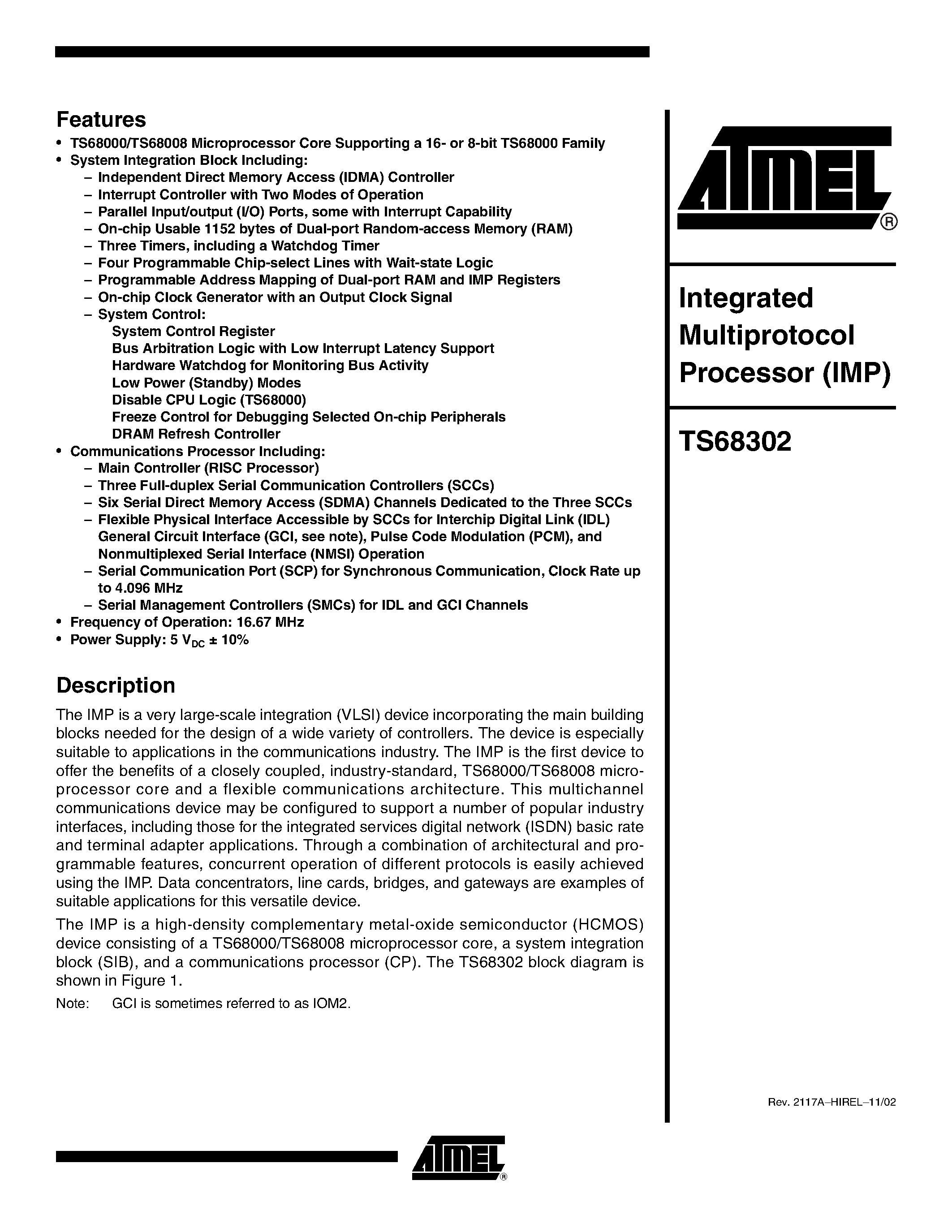 Datasheet TS68302 - Integrated Multiprotocol Processor IMP page 1