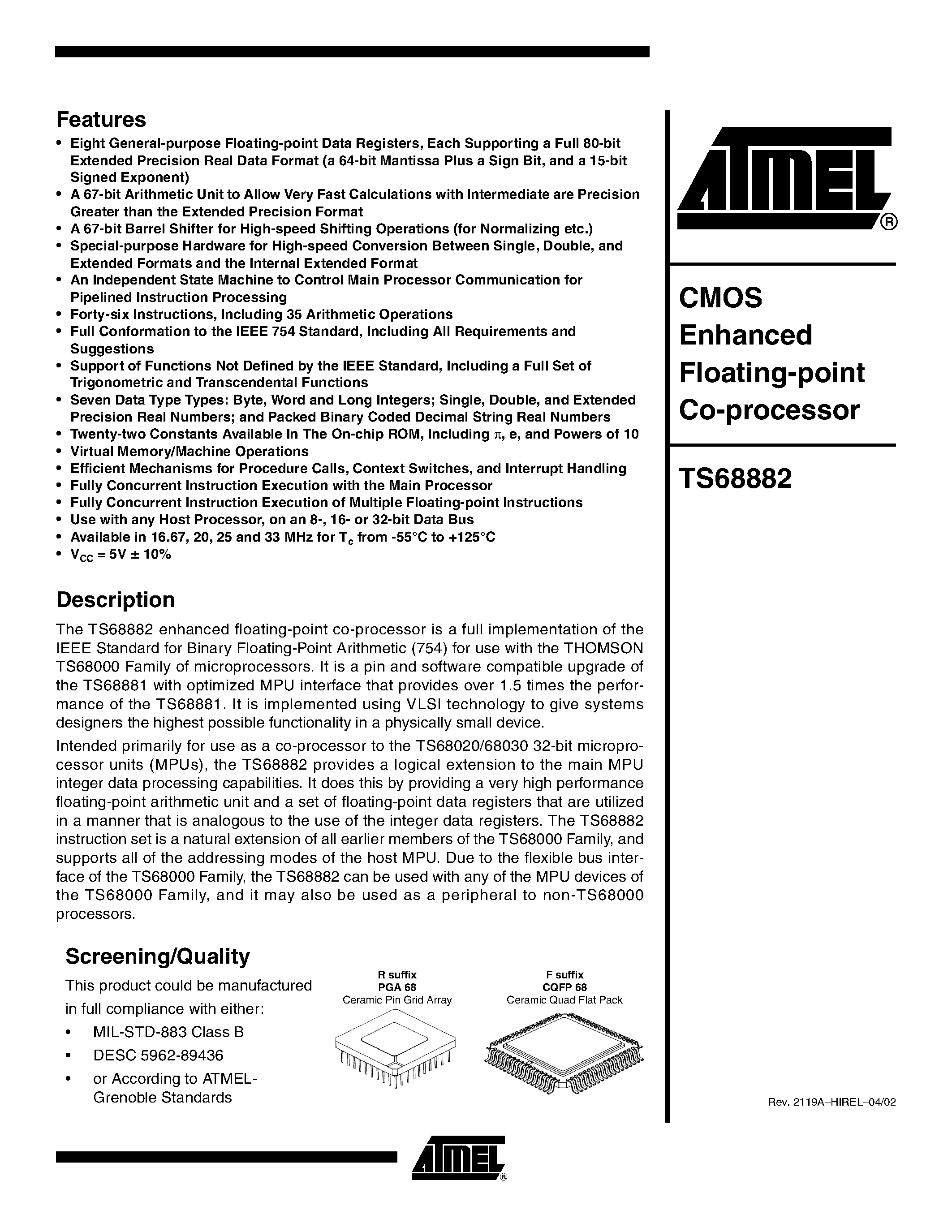 Datasheet TS68882DESC01YA - CMOS Enhanced Floating-point Co-processor page 1