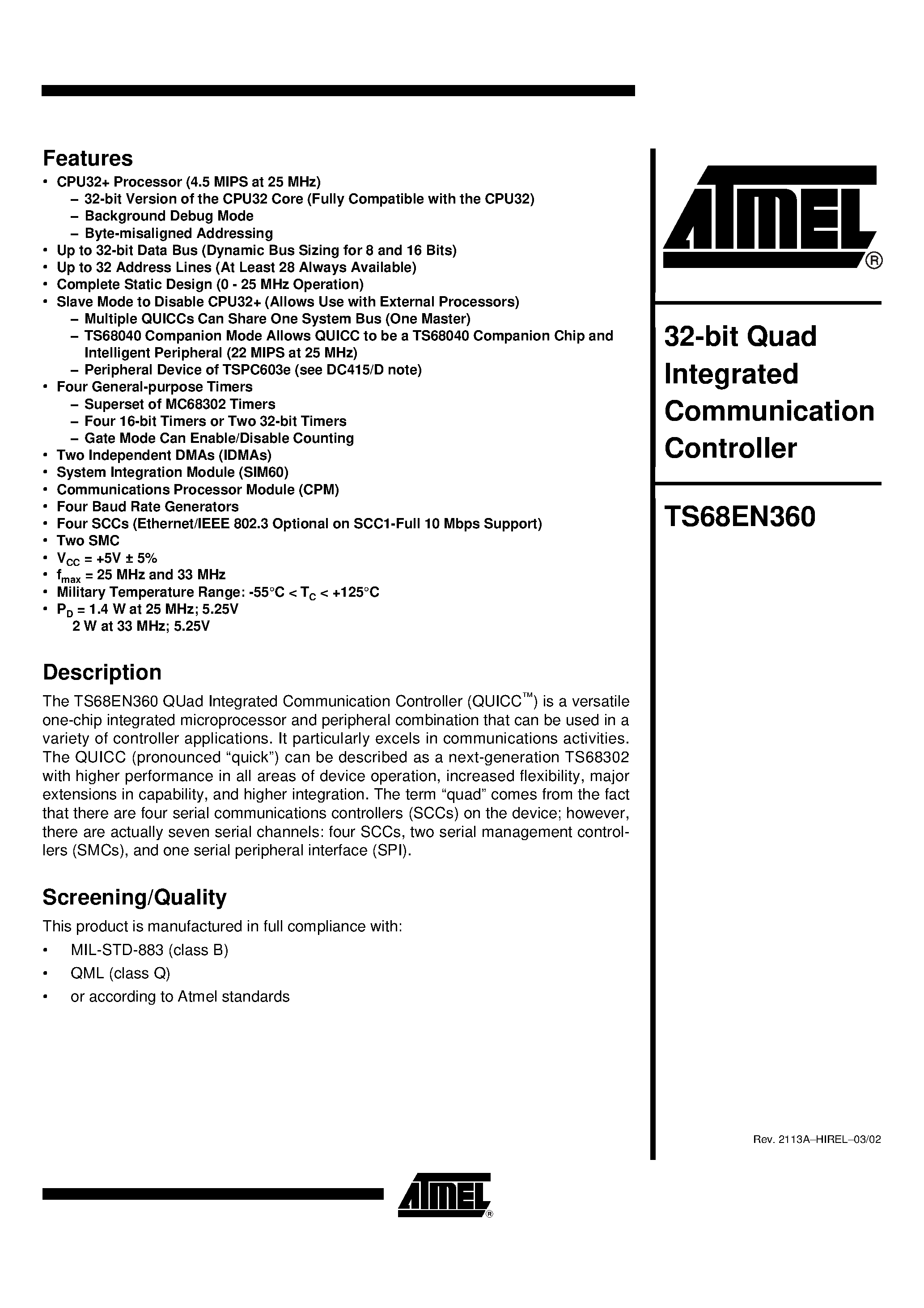 Datasheet TS68EN360VR25L - 32-bitQuad Integrated Communication Controller page 1