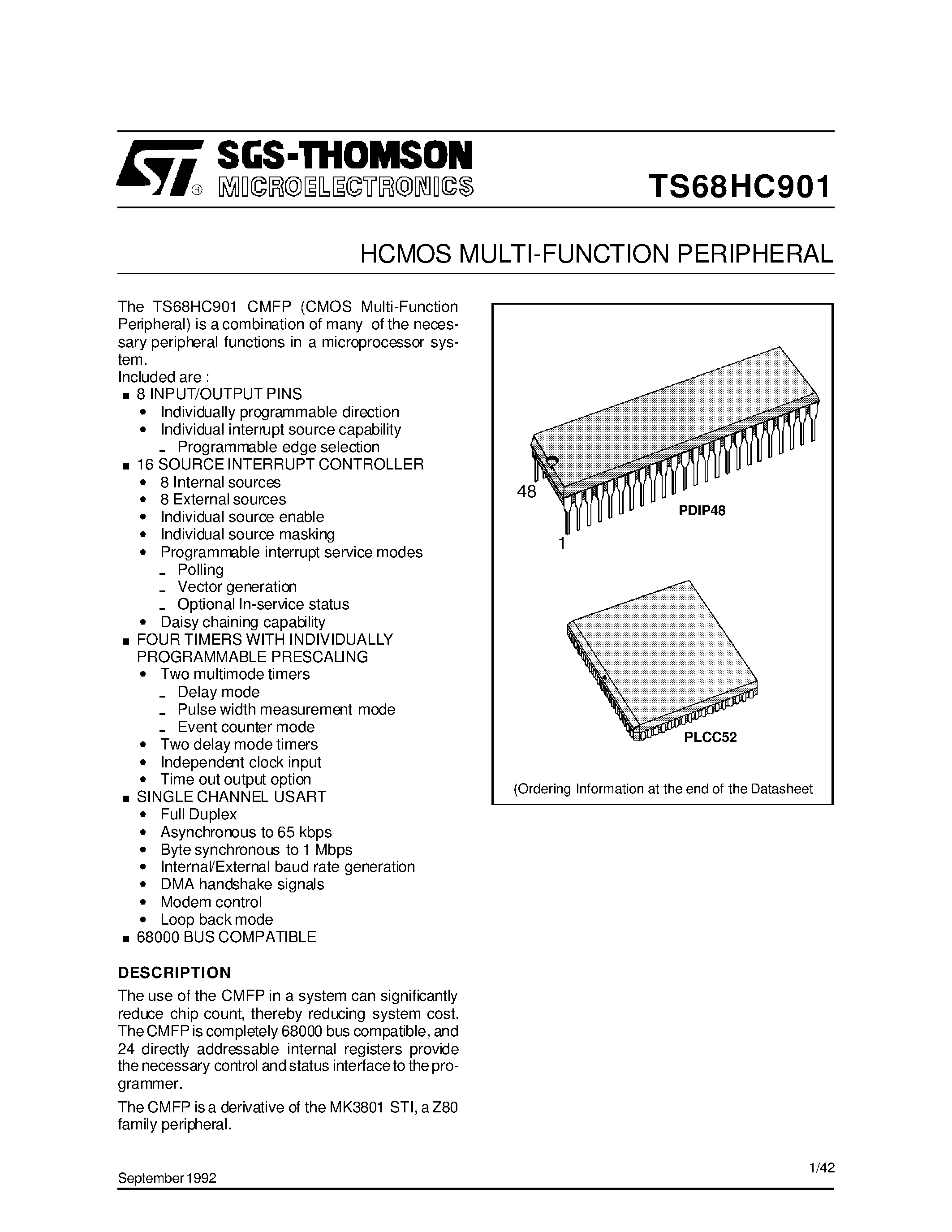 Datasheet TS68HC901 - HCMOS MULTI-FUNCTION PERIPHERAL page 1