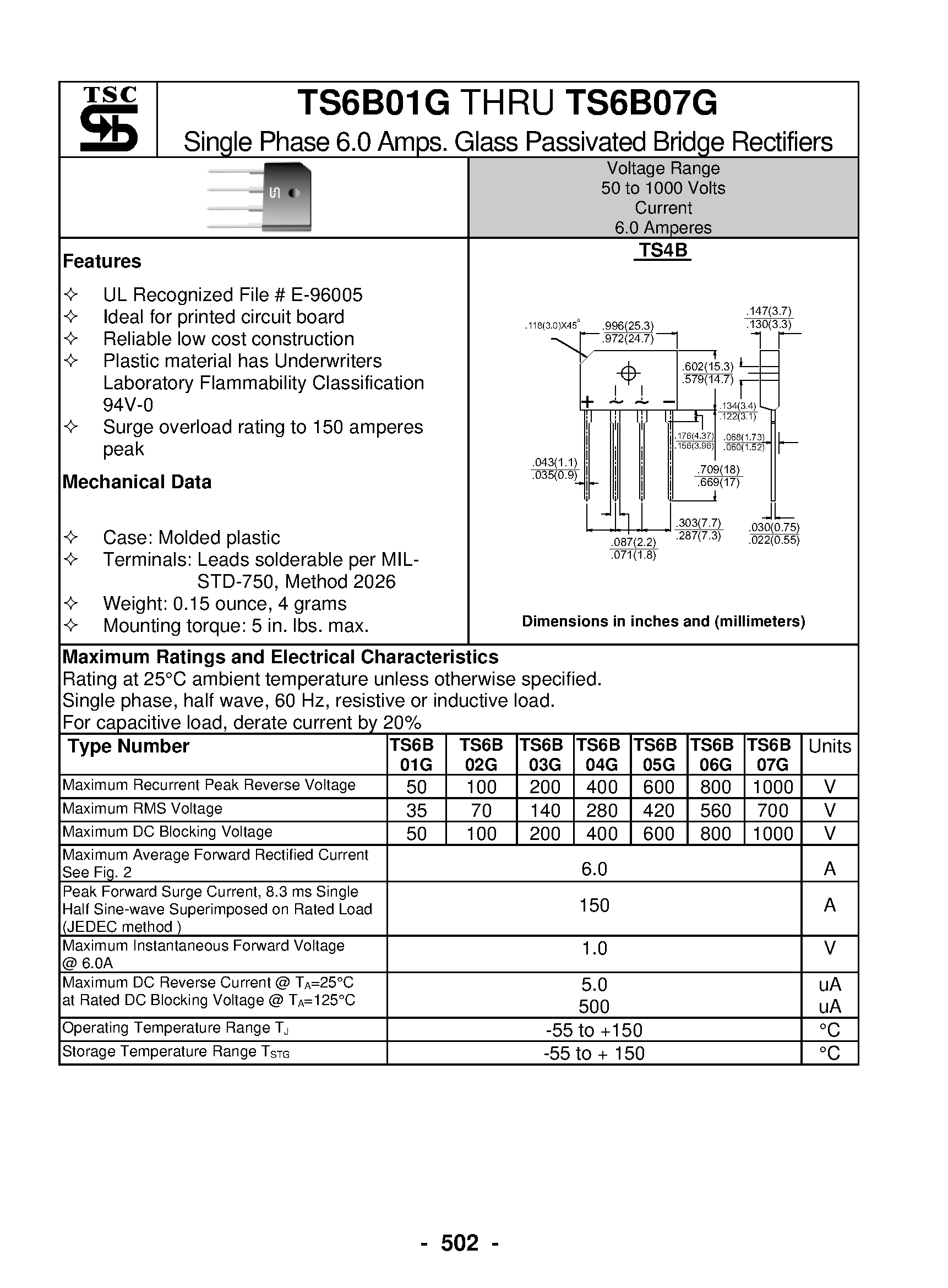 Datasheet TS6B01G - Single Phase 6.0 Amps. Glass Passivated Bridge Rectifiers page 1