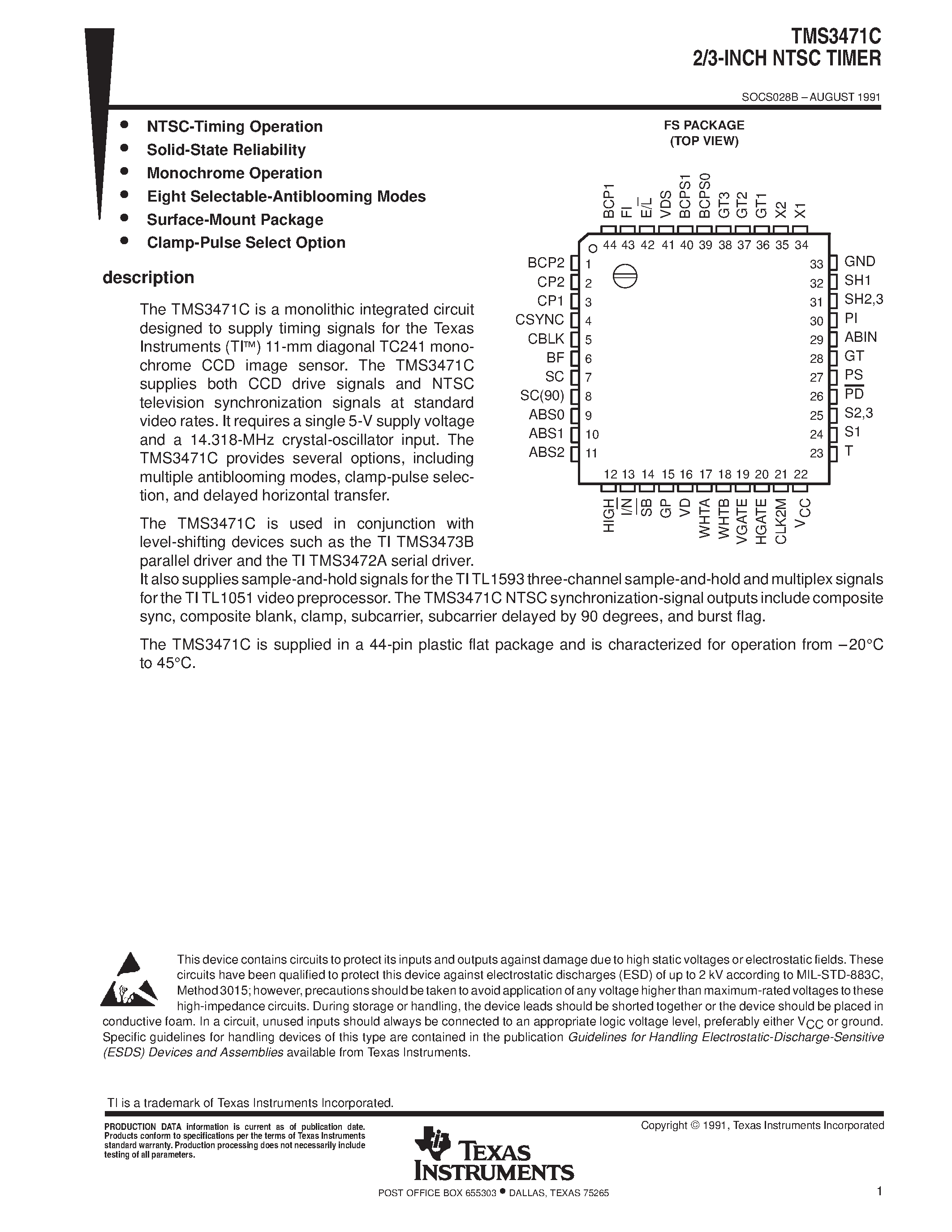 Даташит TMS3471 - 2/3-INCH NTSC TIMER страница 1