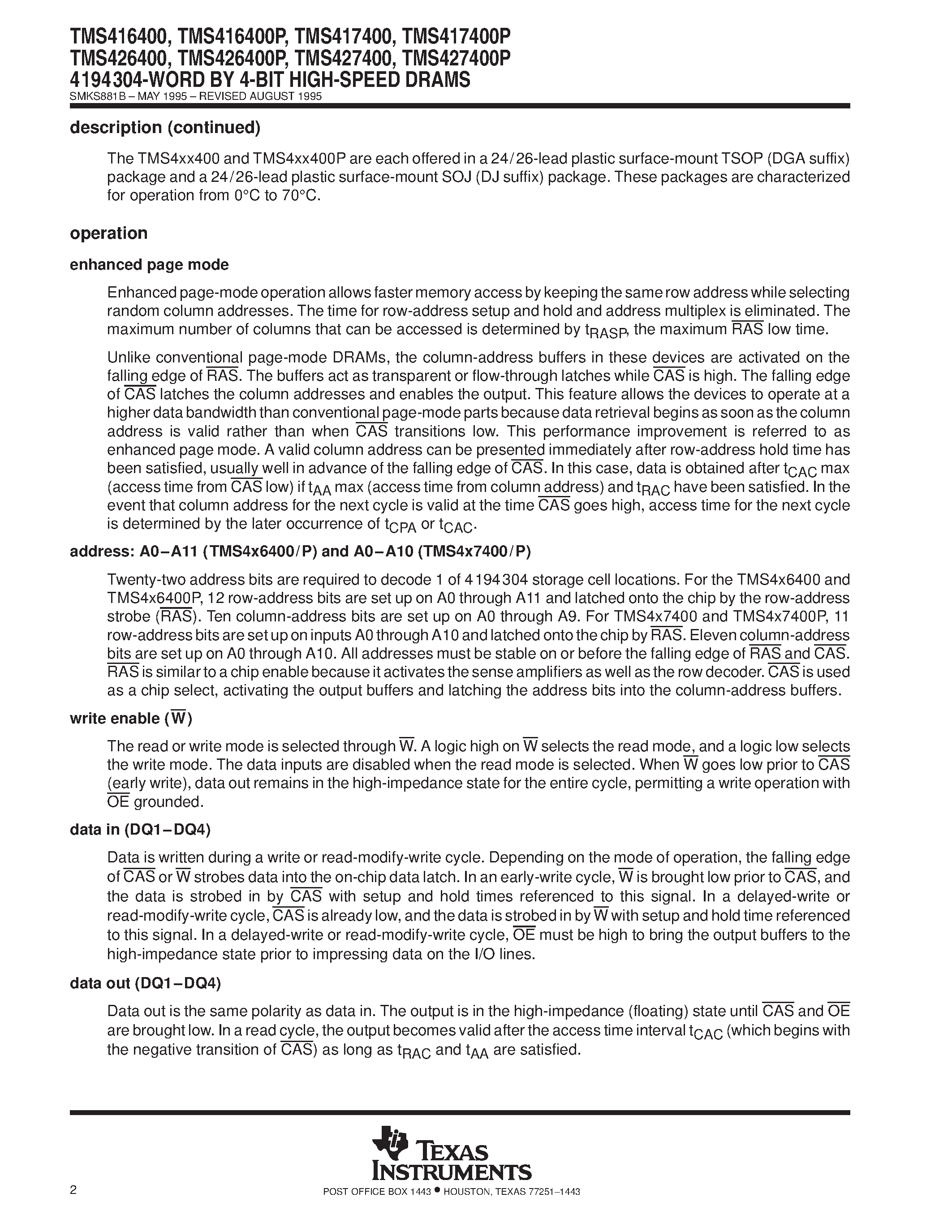 Datasheet TMS416400 - 4194304-WORD BY 4-BIT HIGH-SPEED DRAMS page 2