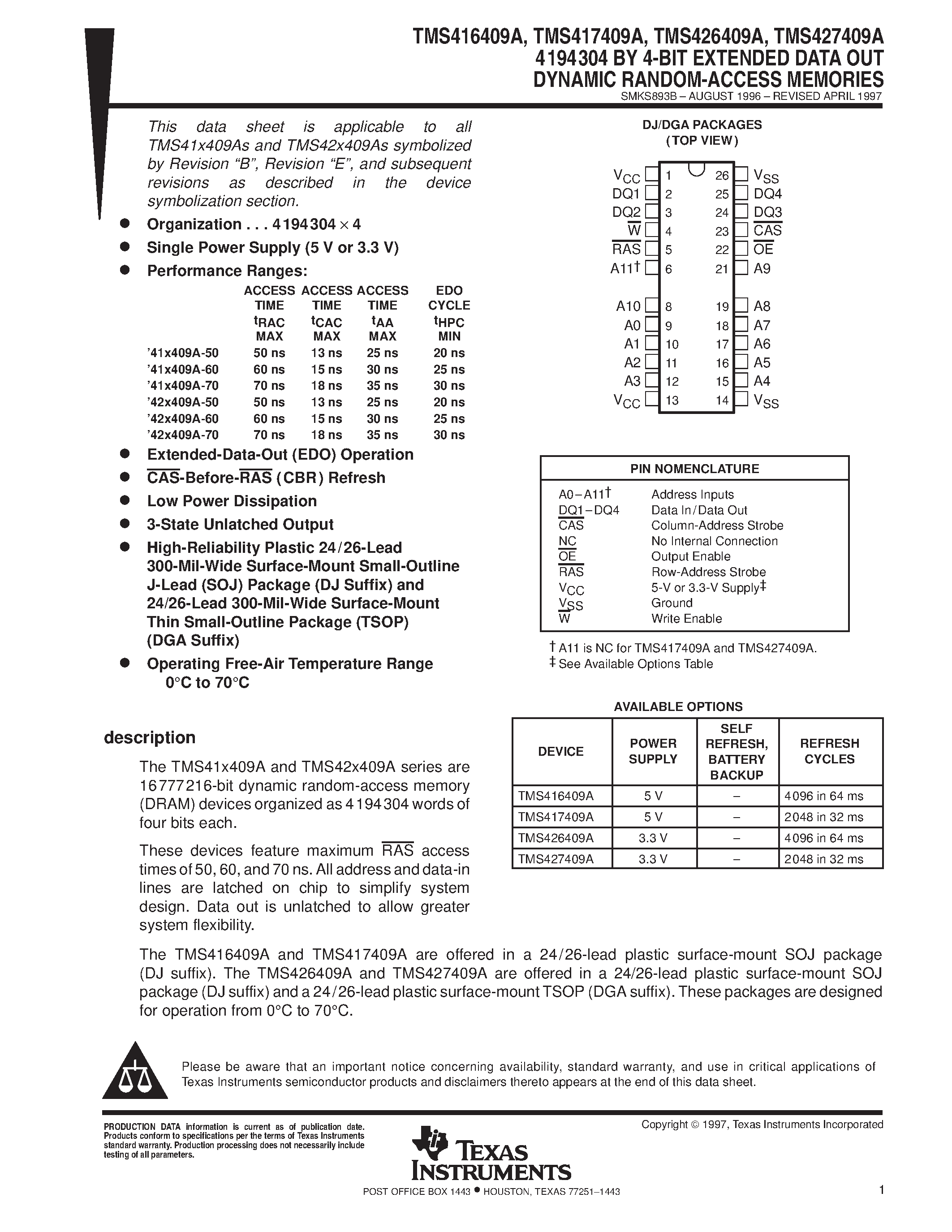 Datasheet TMS416409A - 4194304 BY 4-BIT EXTENDED DATA OUT DYNAMIC RANDOM-ACCESS MEMORIES page 1