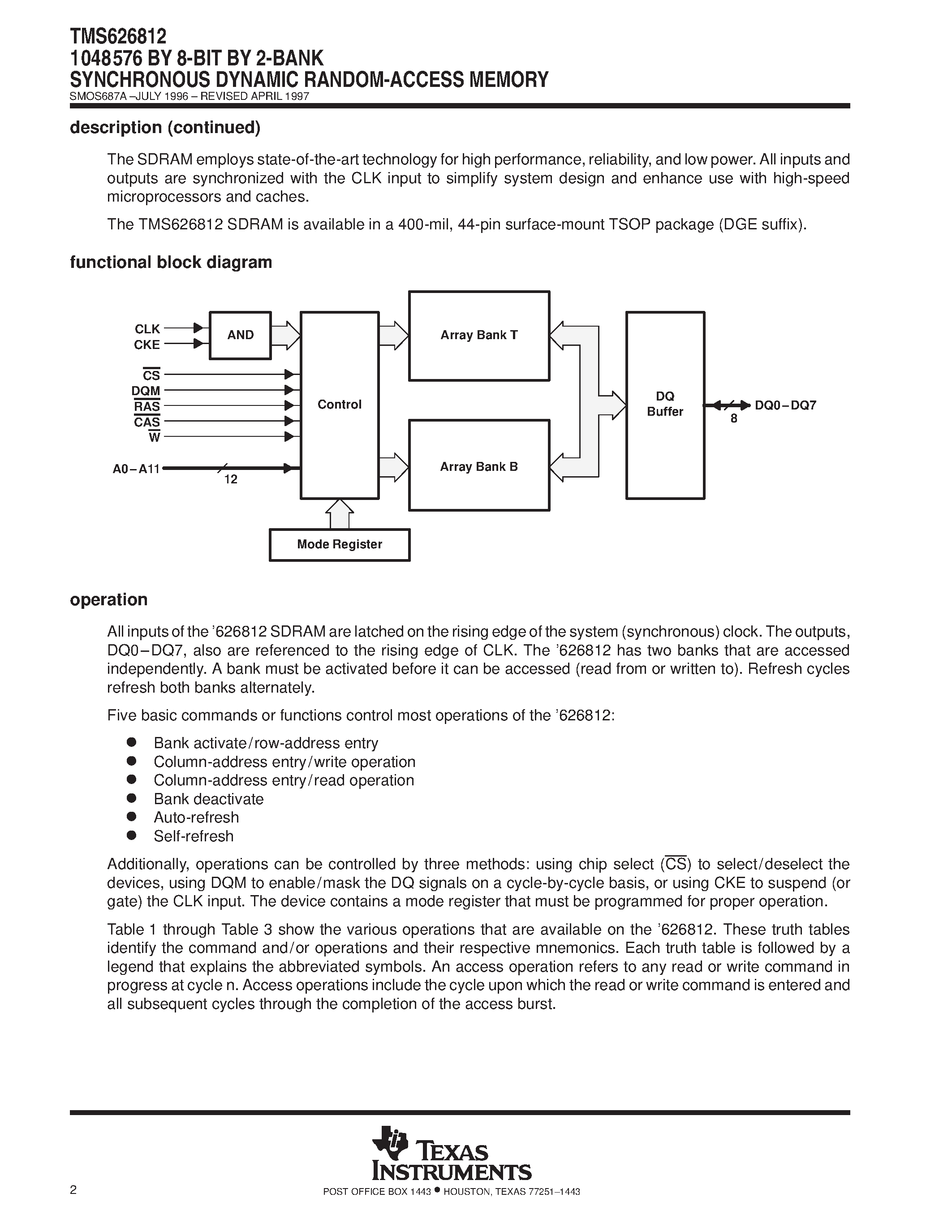 Даташит TMS626812 - 1048576 BY 8-BIT BY 2-BANK SYNCHRONOUS DYNAMIC RANDOM-ACCESS MEMORY страница 2