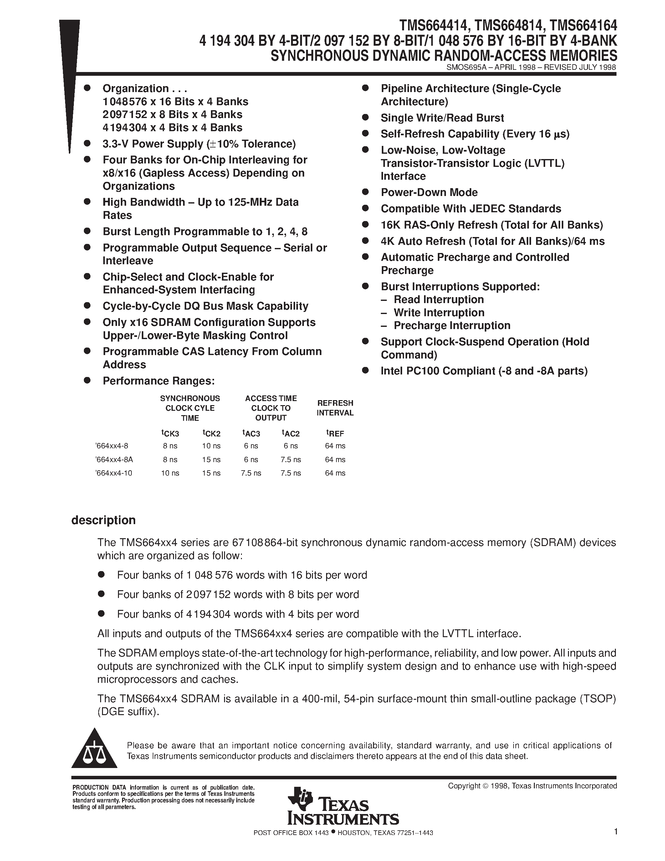 Даташит TMS664164 - 4 194 304 BY 4-BIT/2 097 152 BY 8-BIT/1 048 576 BY 16-BIT BY 4-BANK SYNCHRONOUS DYNAMIC RANDOM-ACCESS MEMORIES страница 1