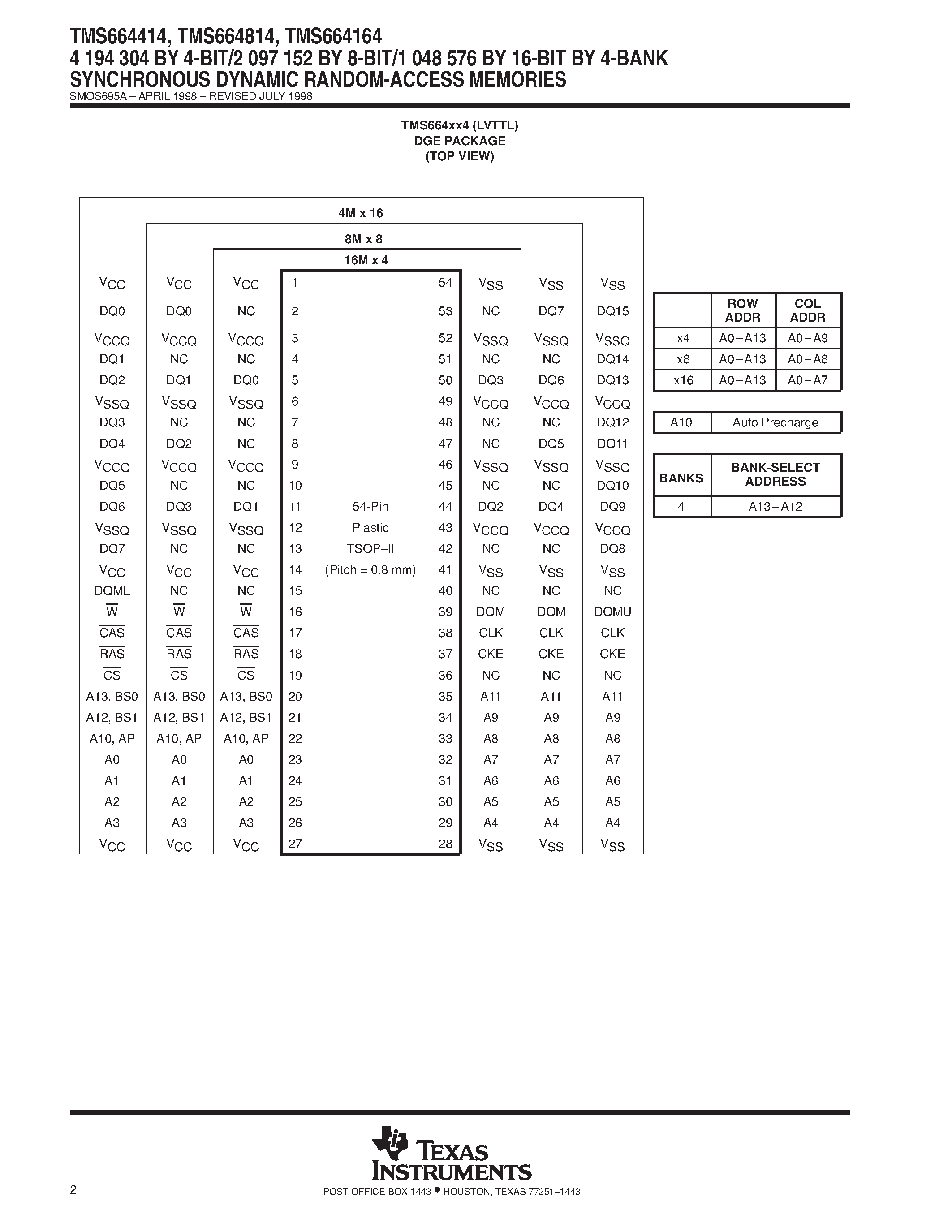 Даташит TMS664164 - 4 194 304 BY 4-BIT/2 097 152 BY 8-BIT/1 048 576 BY 16-BIT BY 4-BANK SYNCHRONOUS DYNAMIC RANDOM-ACCESS MEMORIES страница 2