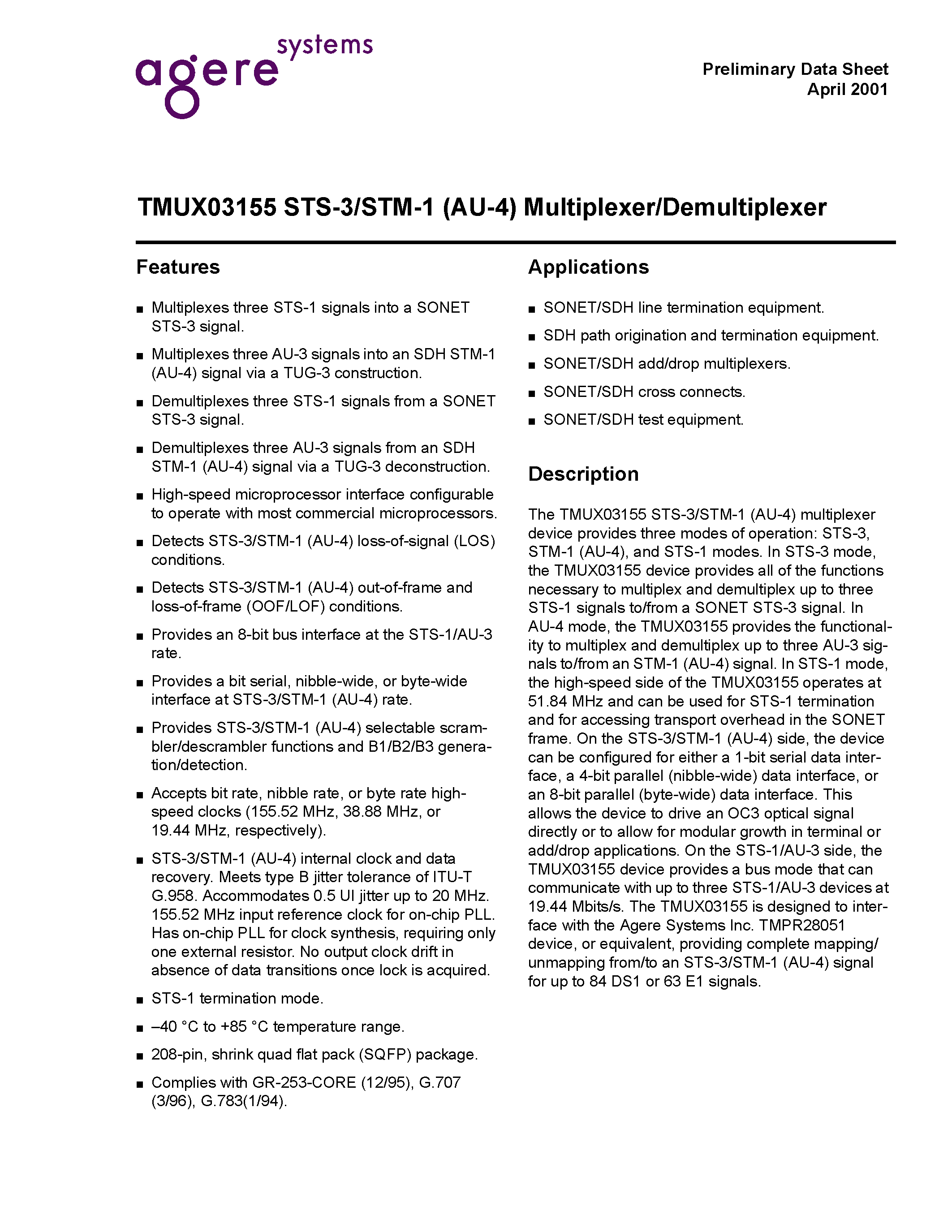 Datasheet TMUX03155 - TMUX03155 STS-3/STM-1 (AU-4) Multiplexer/Demultiplexer page 1