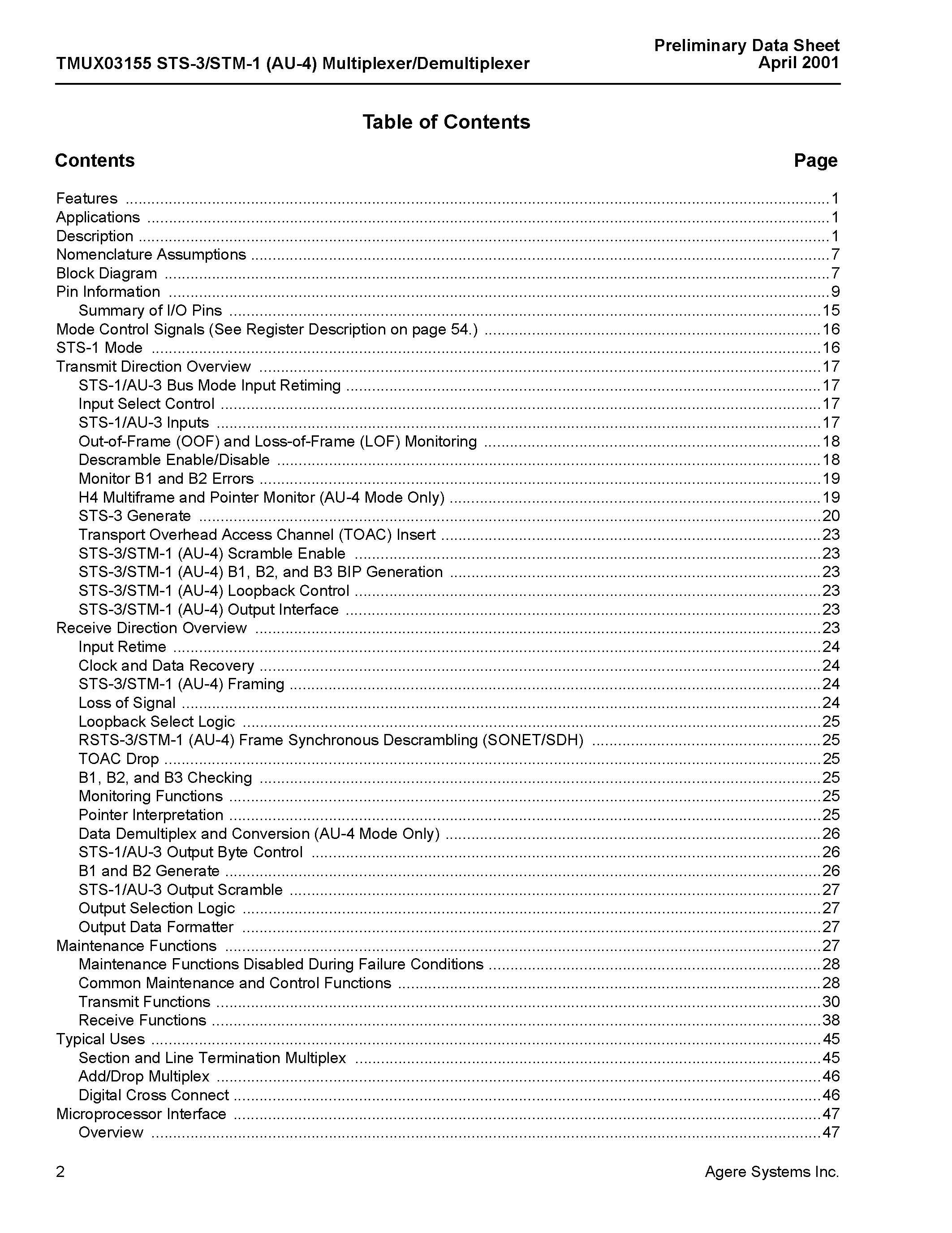 Datasheet TMUX03155 - TMUX03155 STS-3/STM-1 (AU-4) Multiplexer/Demultiplexer page 2