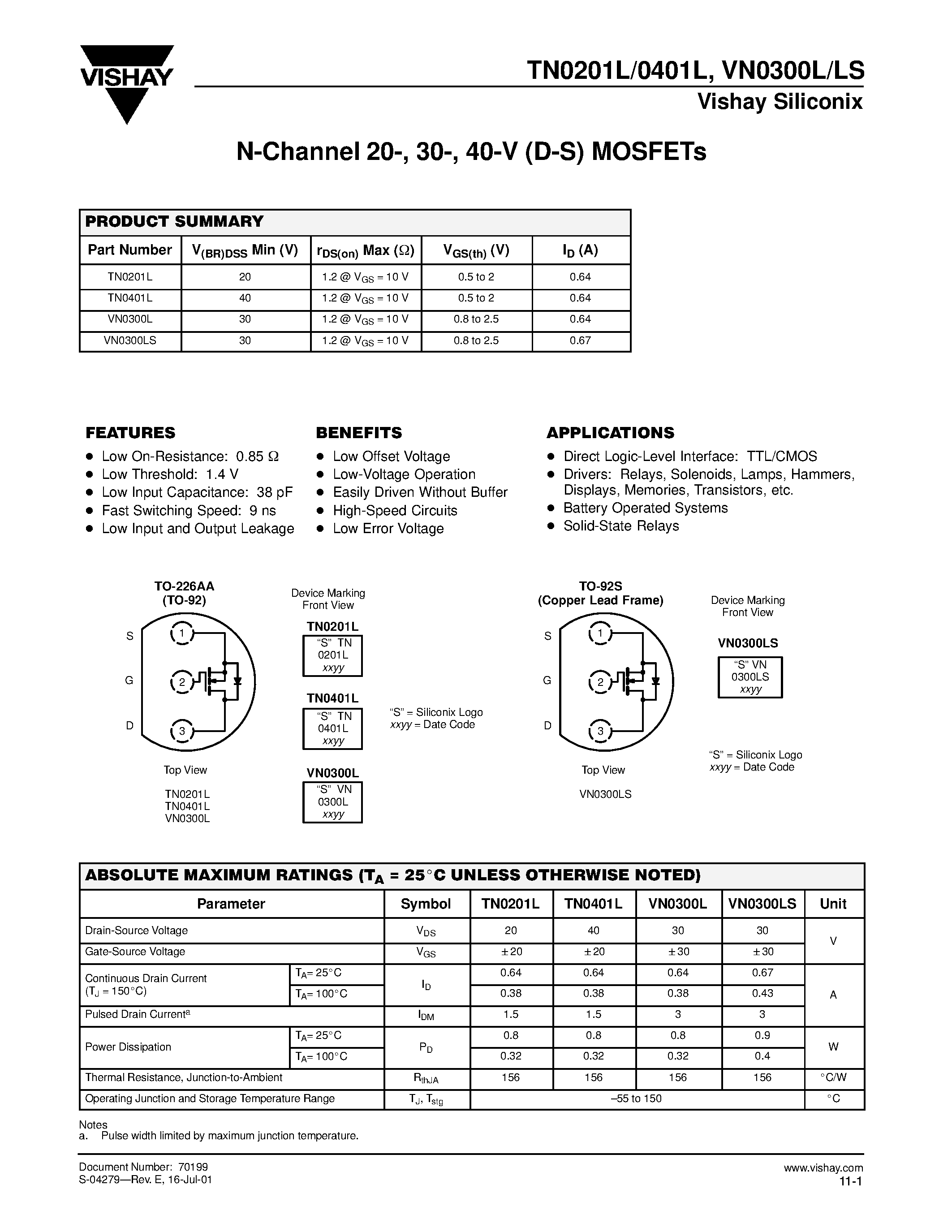 Datasheet TN0201L - N-Channel 20-/ 30-/ 40-V (D-S) MOSFETs page 1