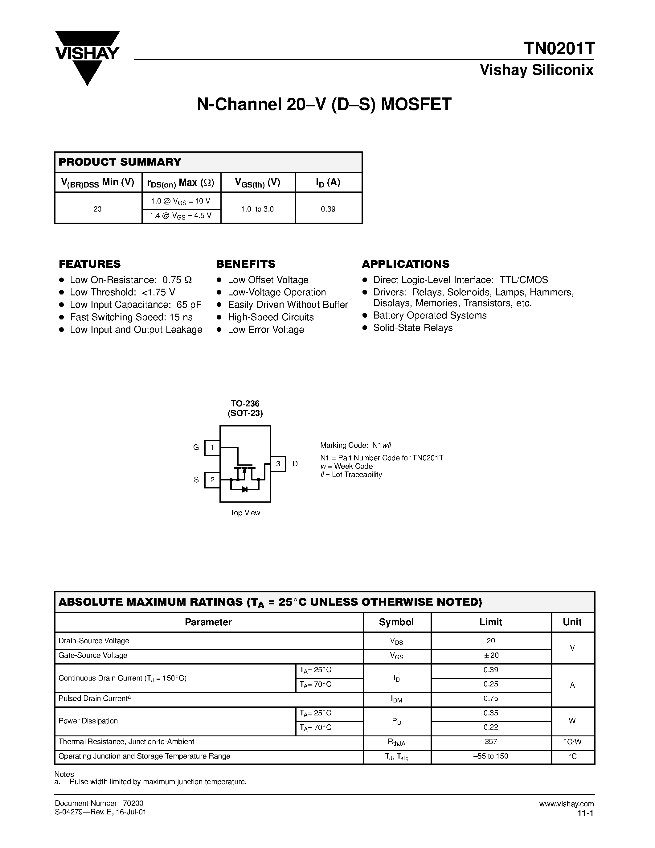 Datasheet TN0201T - N-Channel 20-V (D-S) MOSFET page 1