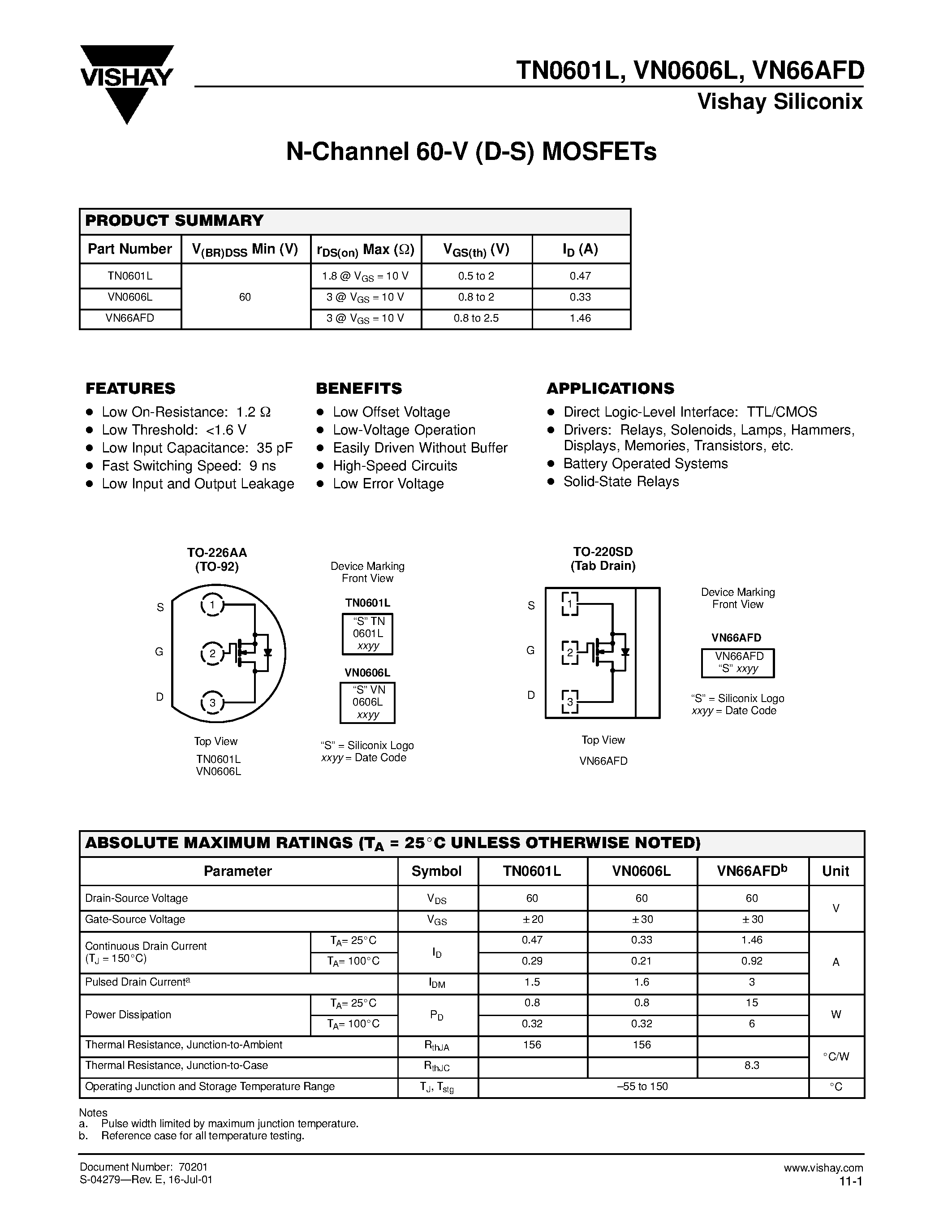 Datasheet TN0601L - N-Channel 60-V (D-S) MOSFETs page 1