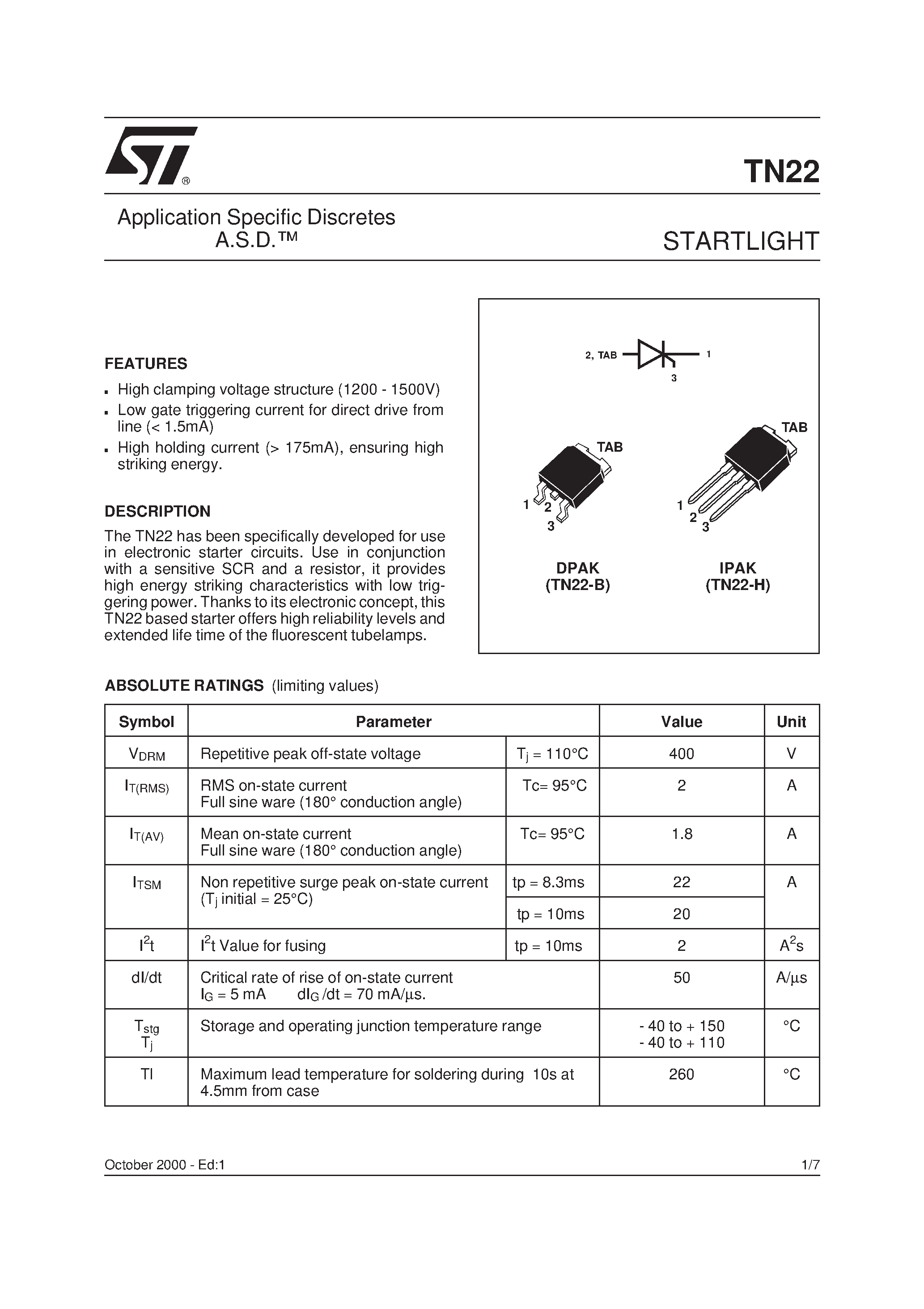 Datasheet TN22 - STARTLIGHT(Application Specific Discretes A.S.D.) page 1