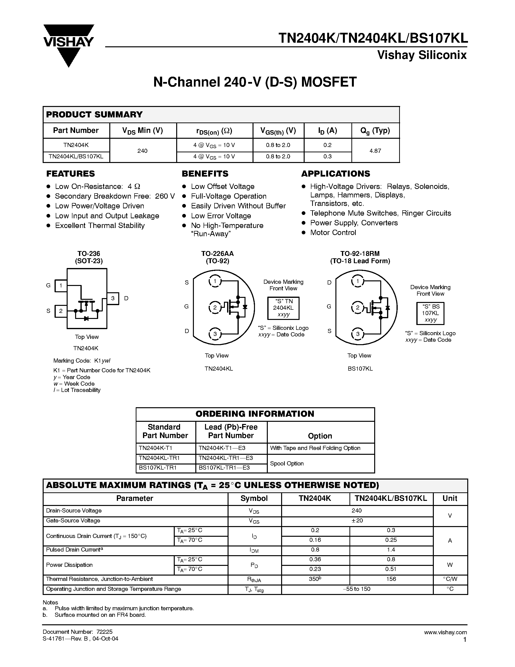 Datasheet TN2404K-T1 - N-Channel 240 -V (D-S) MOSFET page 1