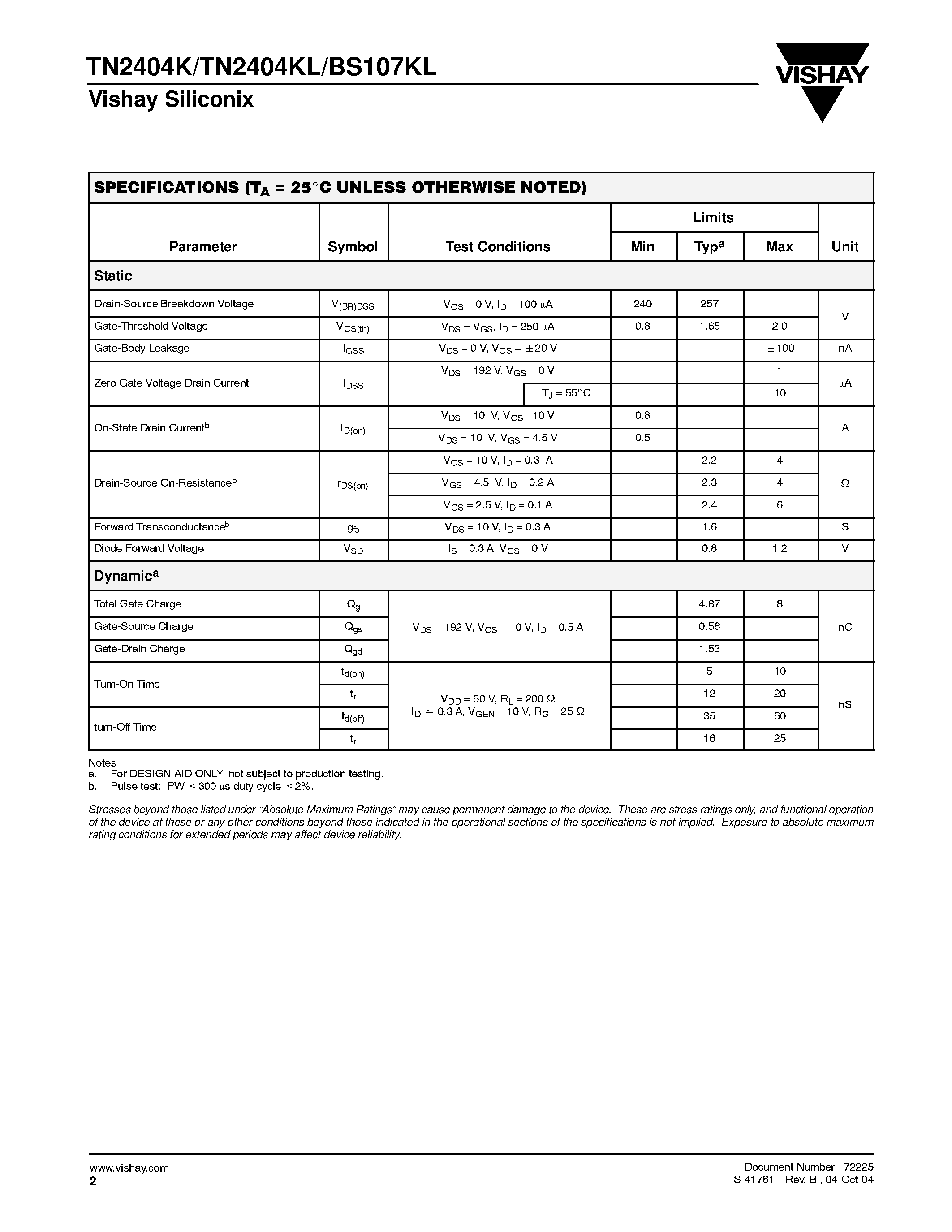 Datasheet TN2404K-T1 - N-Channel 240 -V (D-S) MOSFET page 2