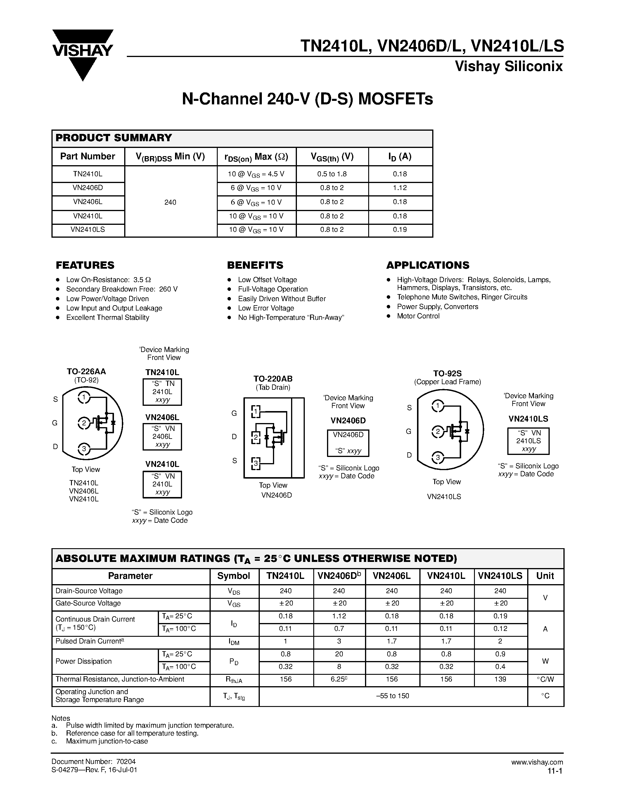 Datasheet TN2410L - N-Channel 240-V (D-S) MOSFETs page 1