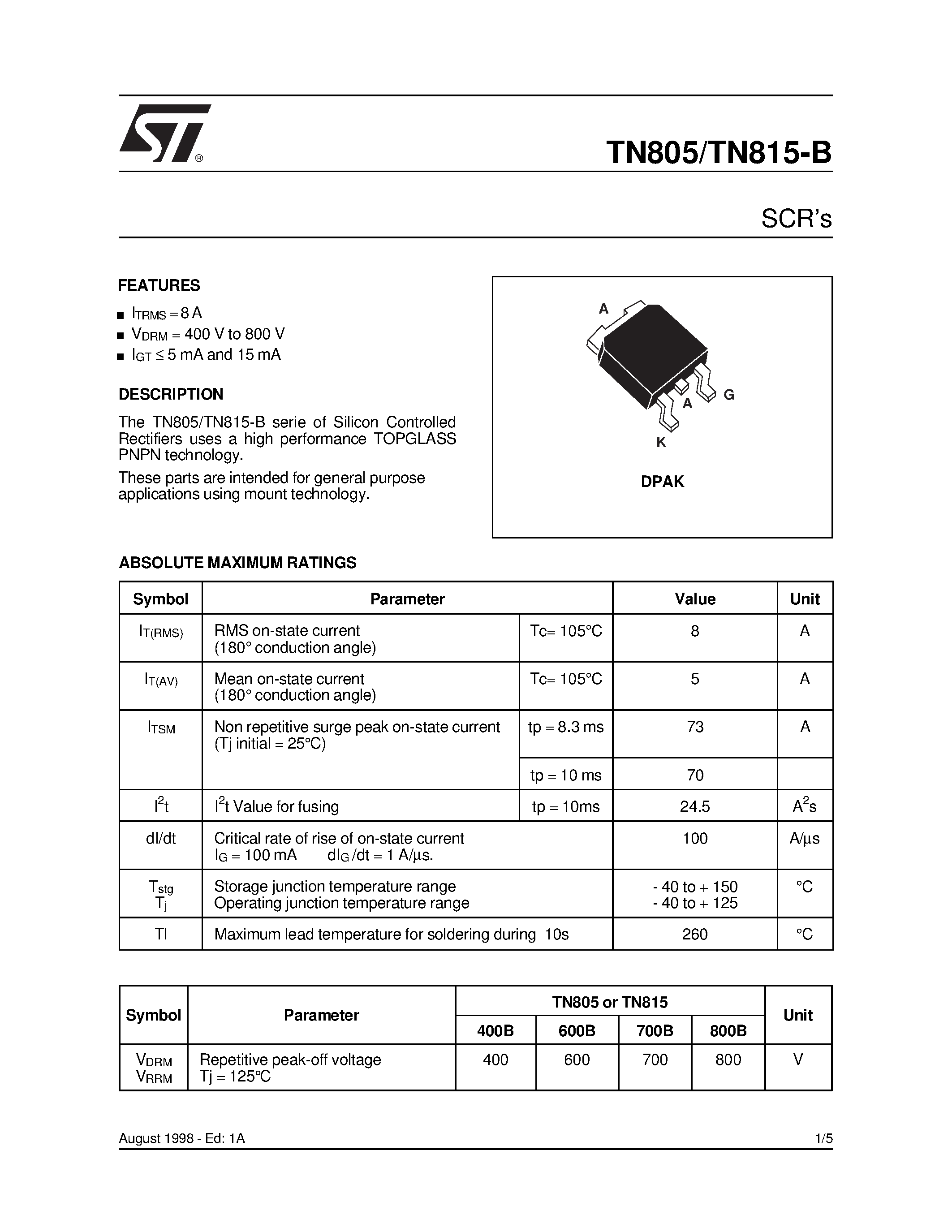 Datasheet TN815-B - SCRs page 1