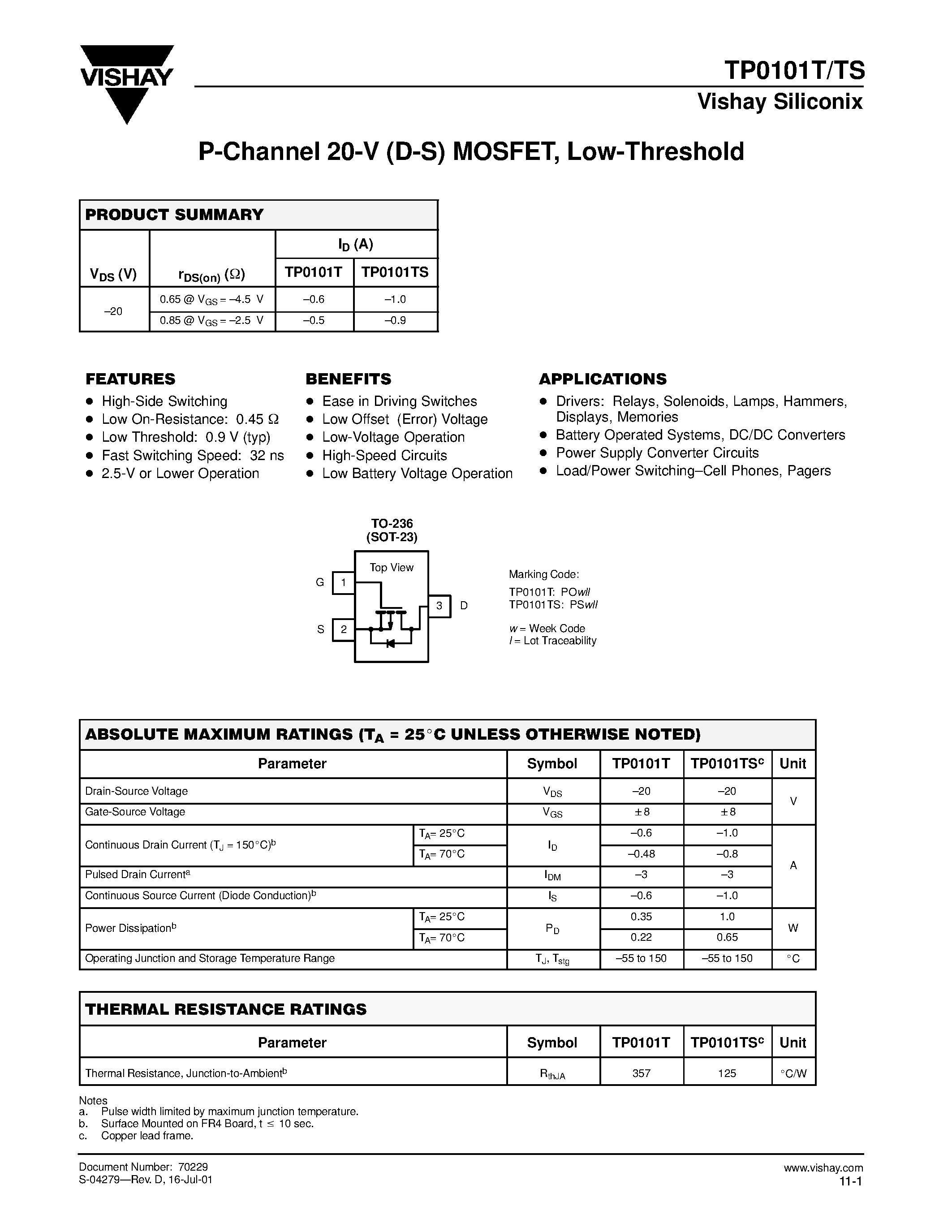 Datasheet TP0101T - P-Channel 20-V (D-S) MOSFET/ Low-Threshold page 1