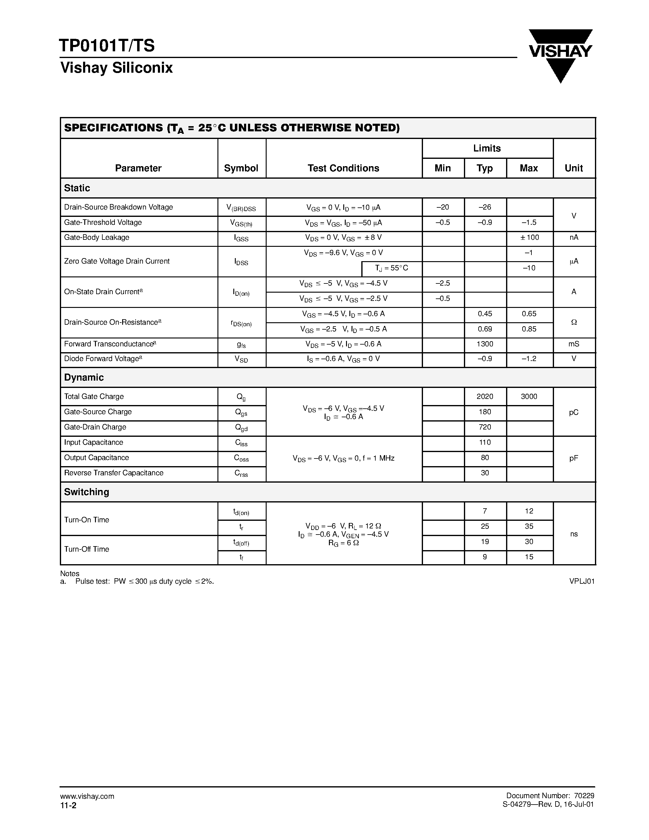 Datasheet TP0101T - P-Channel 20-V (D-S) MOSFET/ Low-Threshold page 2