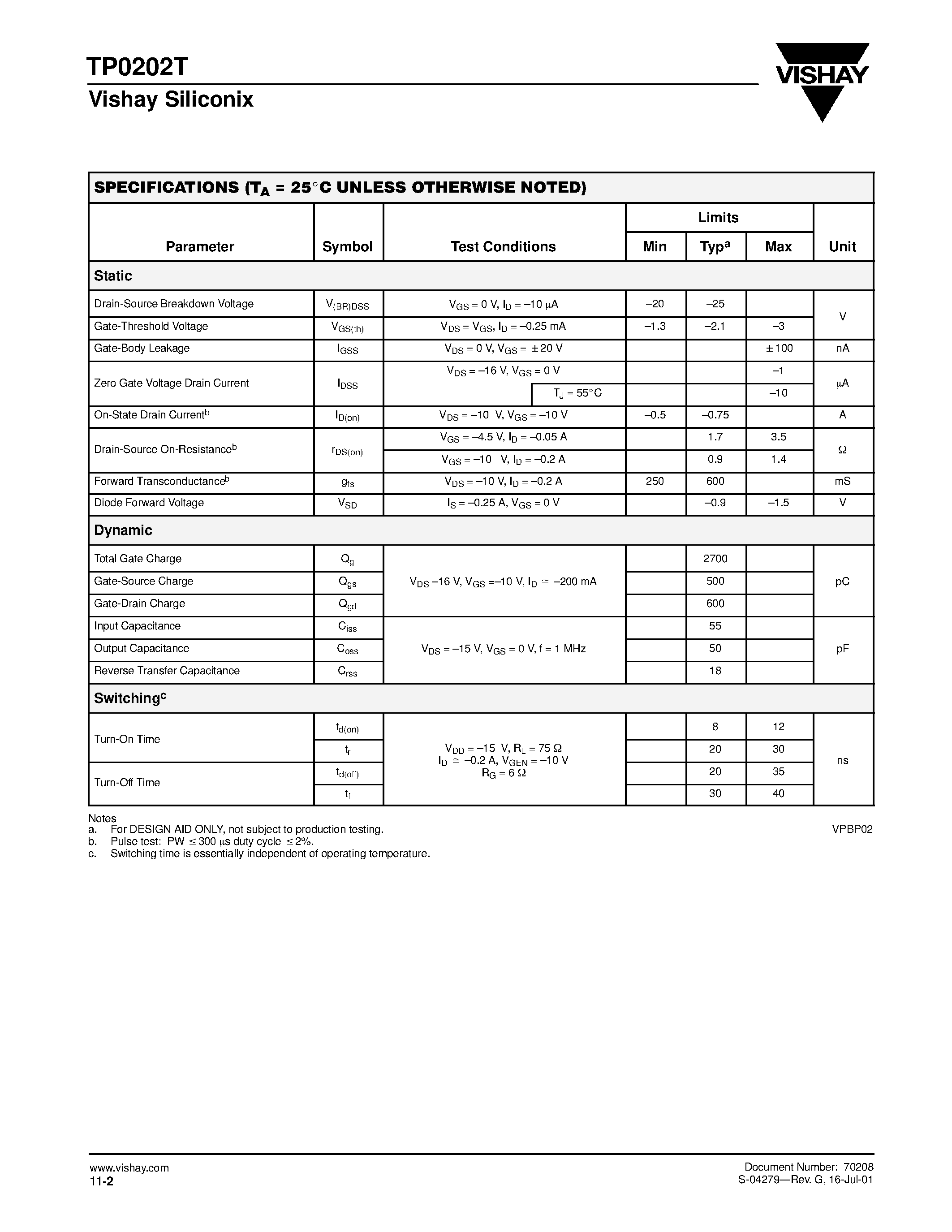 Datasheet TP0202 - P-Channel 20-V (D-S) MOSFET page 2