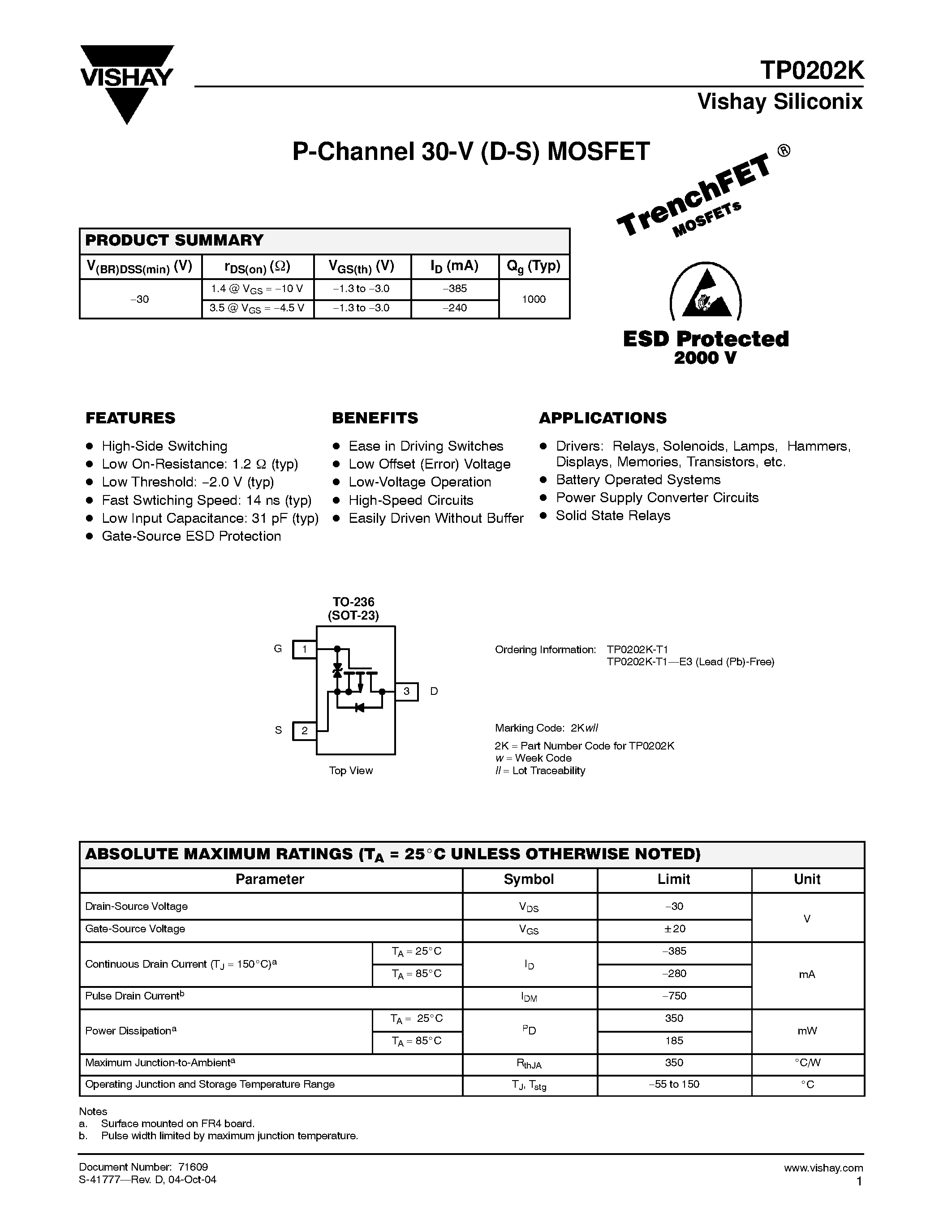 Datasheet TP0202K - P-Channel 30-V (D-S) MOSFET page 1