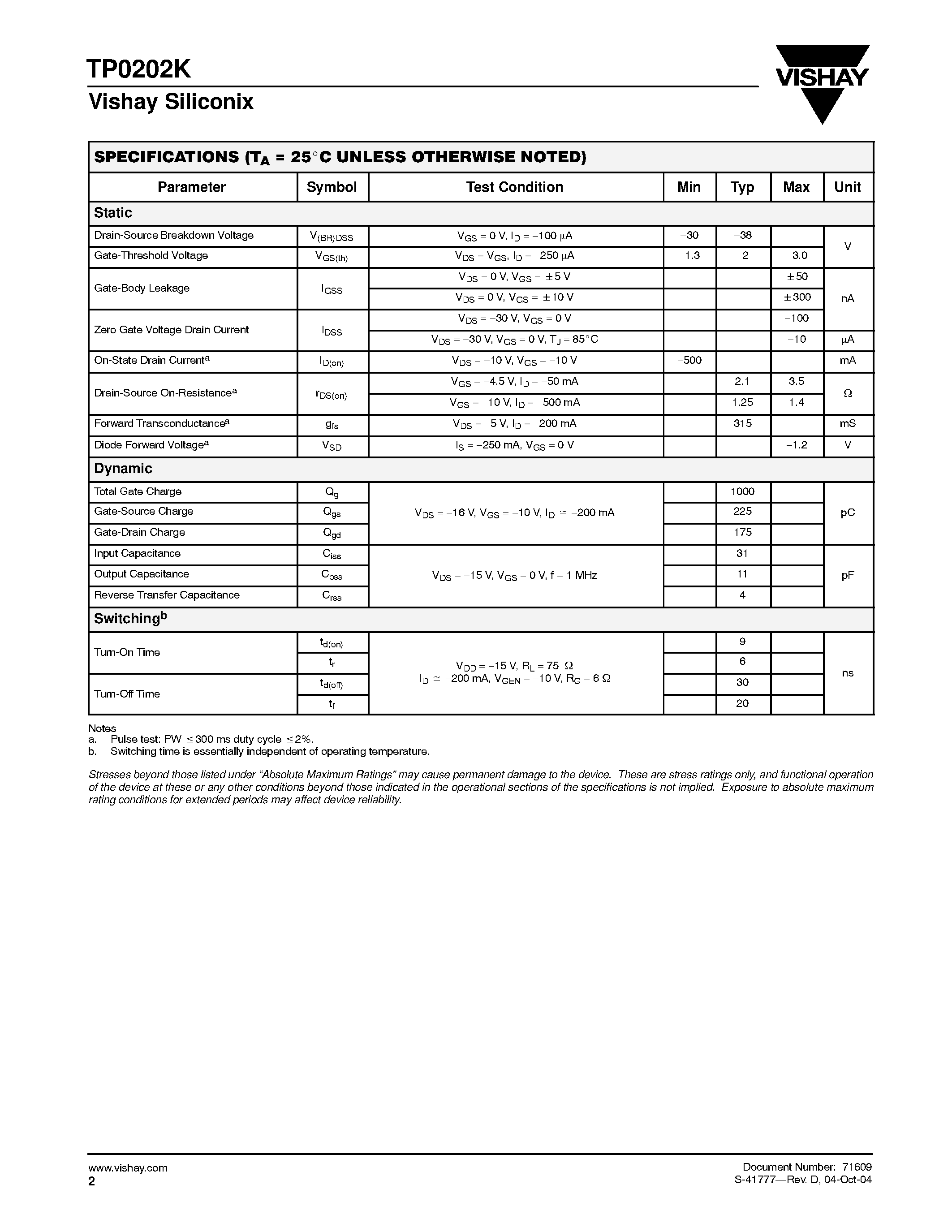 Datasheet TP0202K - P-Channel 30-V (D-S) MOSFET page 2