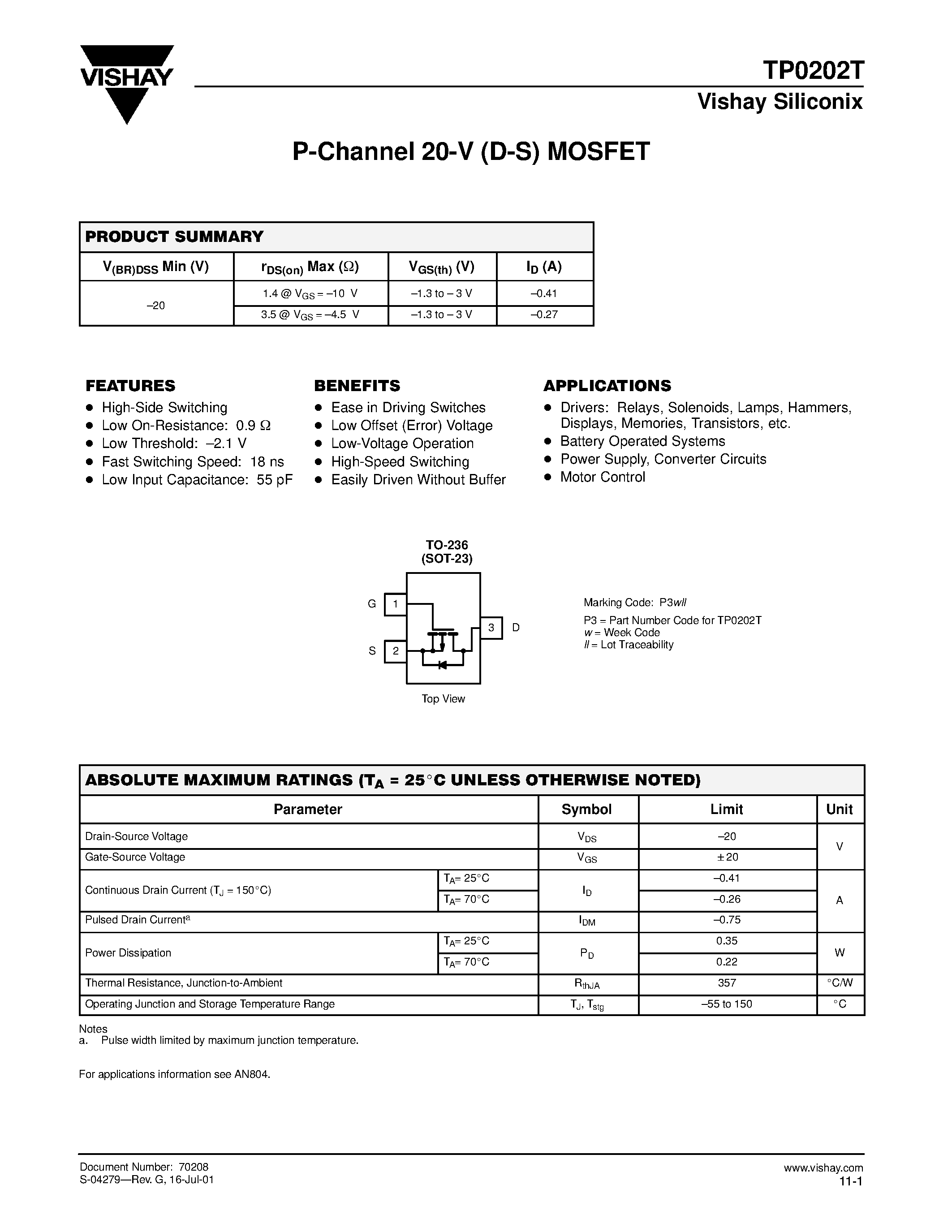 Даташит TP0202T - P-Channel 20-V (D-S) MOSFET страница 1