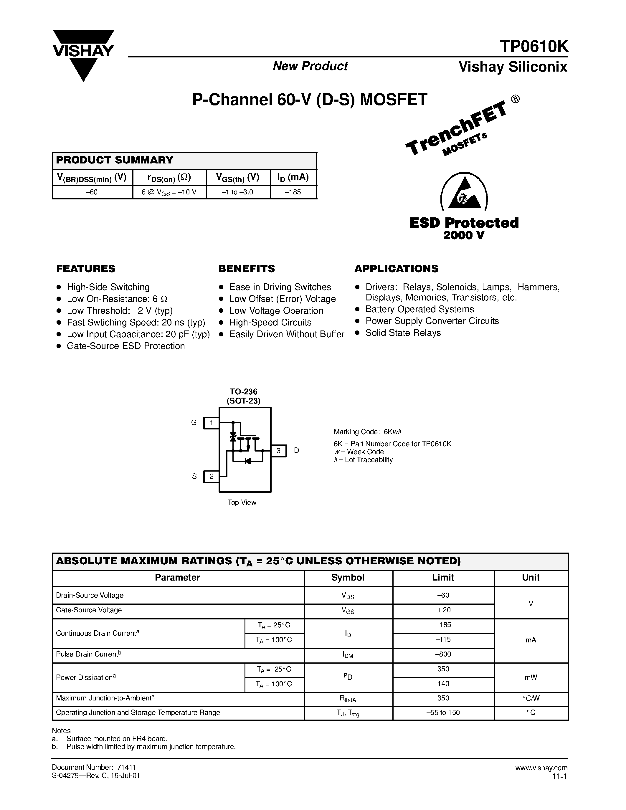 Даташит TP0610K - P-Channel 60-V (D-S) MOSFET страница 1