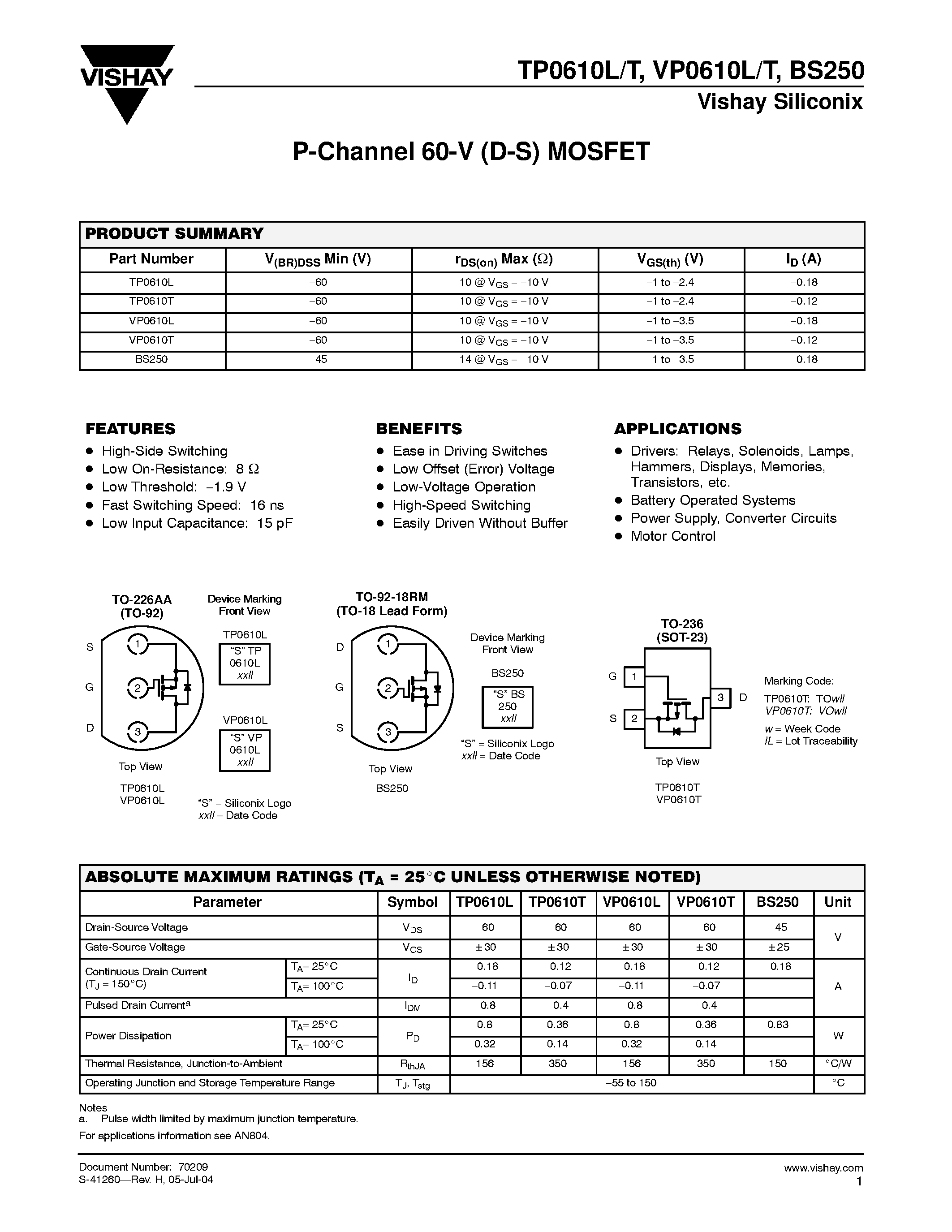 Даташит TP0610L - P-Channel 60-V (D-S) MOSFET страница 1