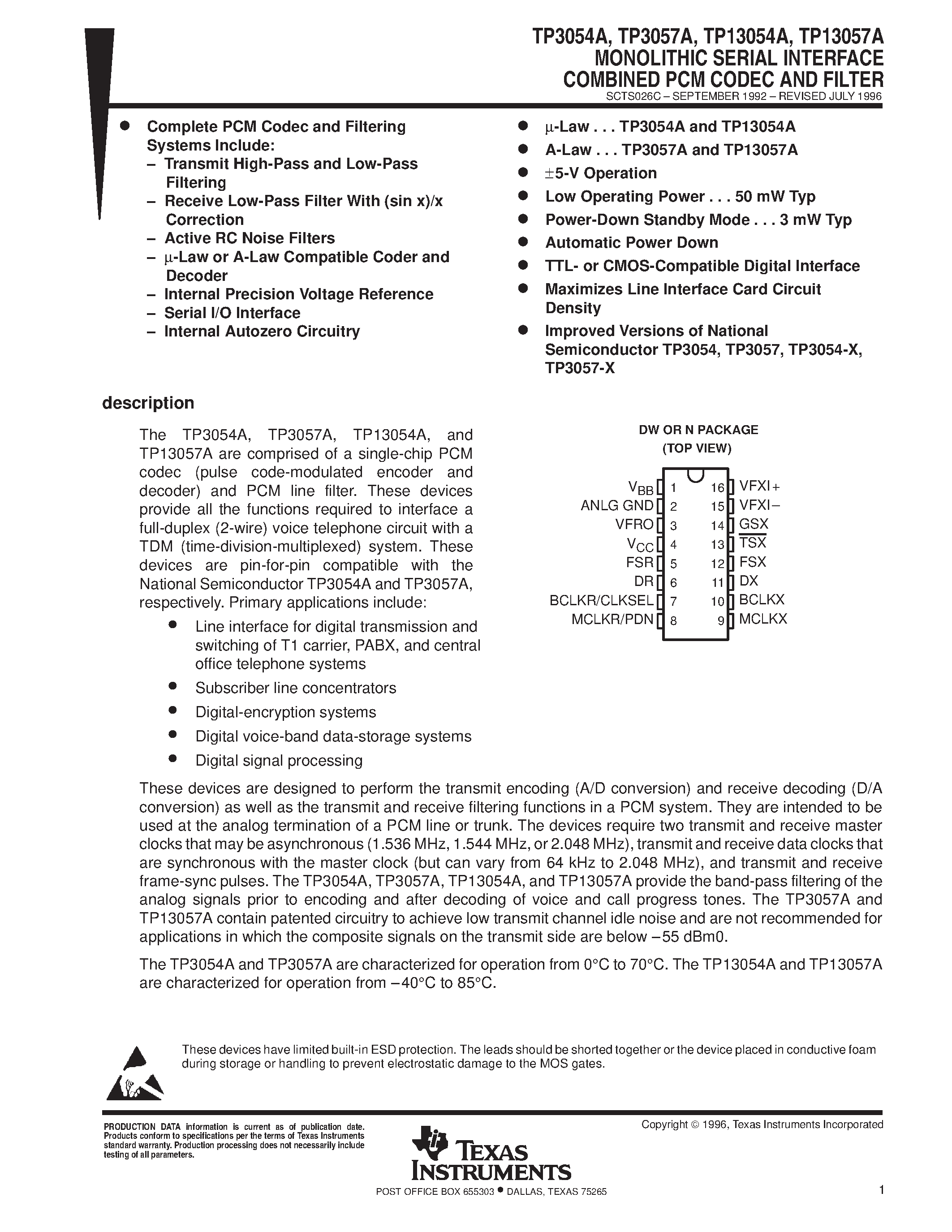 Datasheet TP3054AN - MONOLITHIC SERIAL INTERFACE COMBINED PCM CODEC AND FILTER page 1