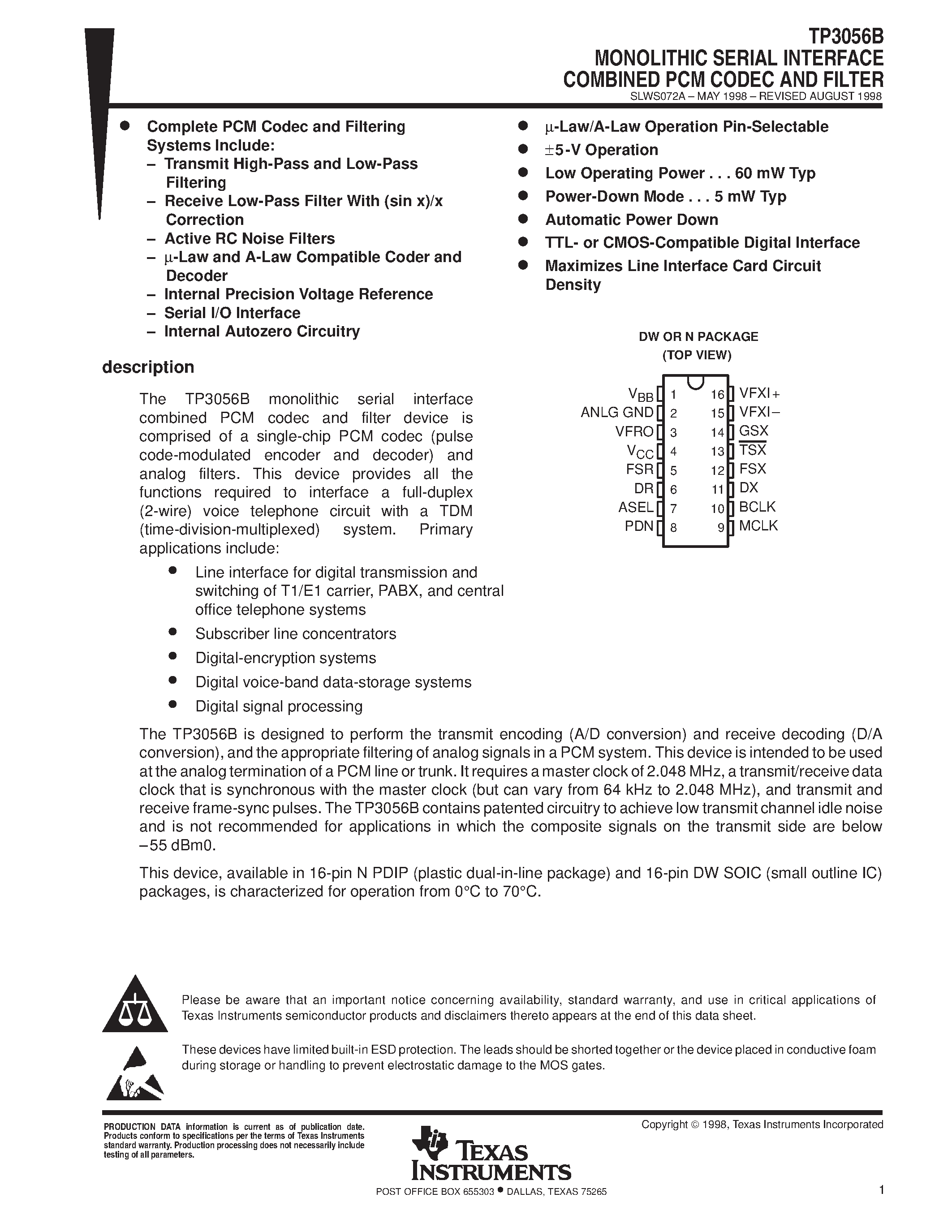 Datasheet TP3056B - MONOLITHIC SERIAL INTERFACE COMBINED PCM CODEC AND FILTER page 1