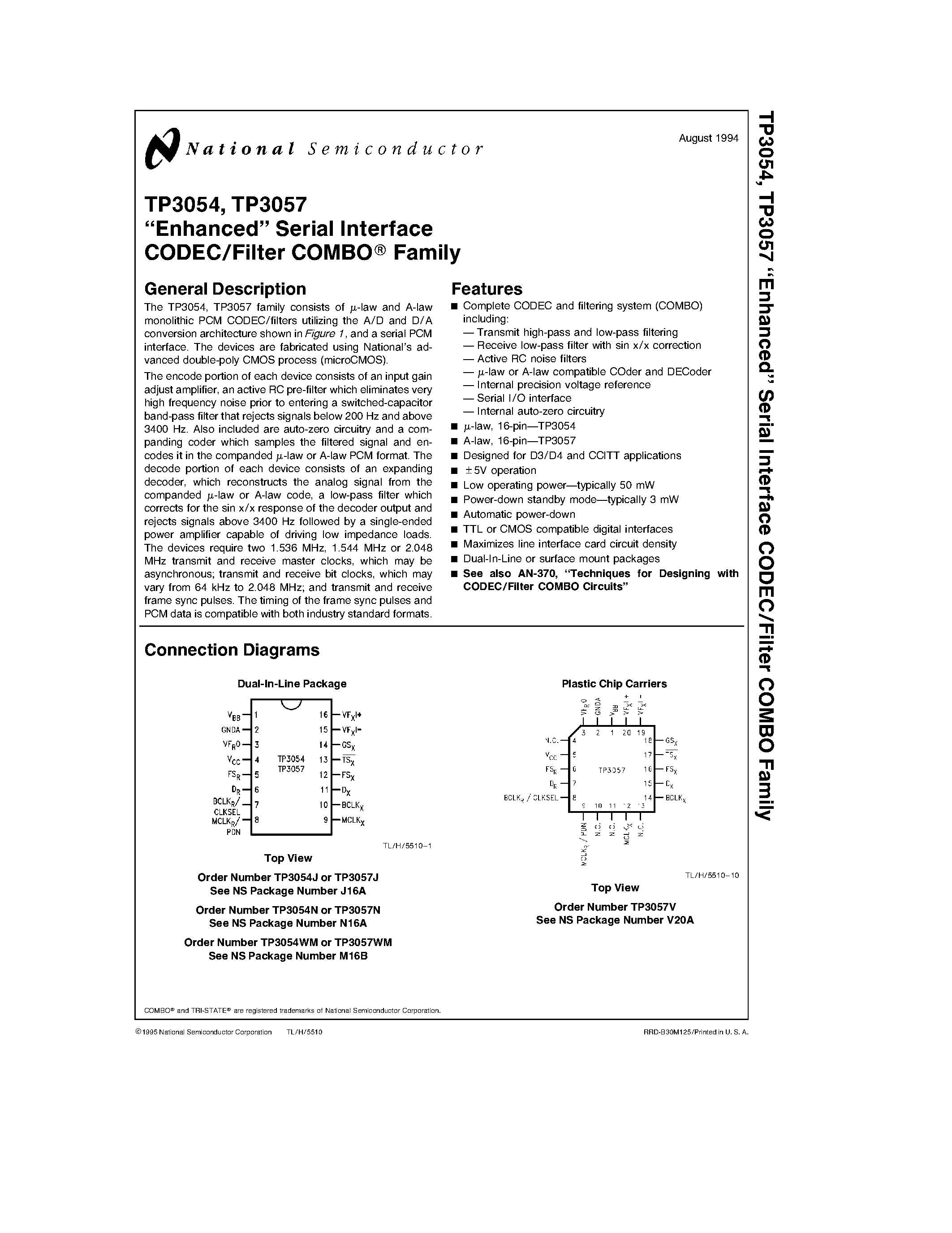 Даташит TP3057N - Enhanced Serial Interface CODEC/Filter COMBO Family страница 1