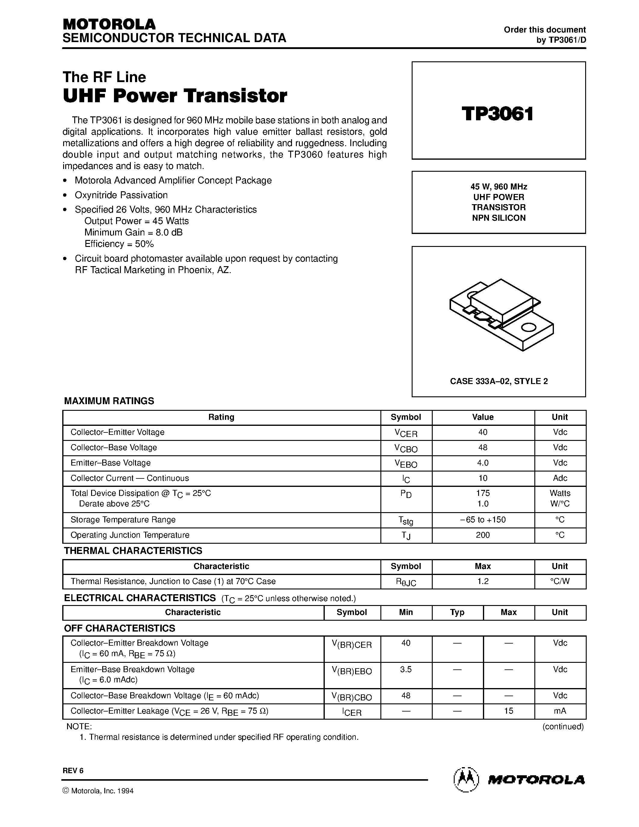 Datasheet TP3061 - UHF POWER TRANSISTOR NPN SILICON page 1