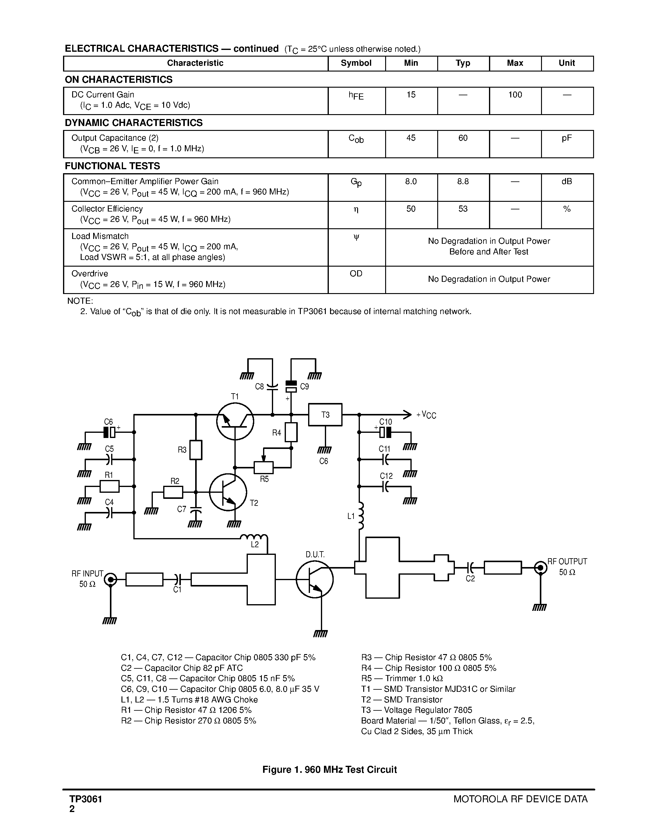 Datasheet TP3061 - UHF POWER TRANSISTOR NPN SILICON page 2