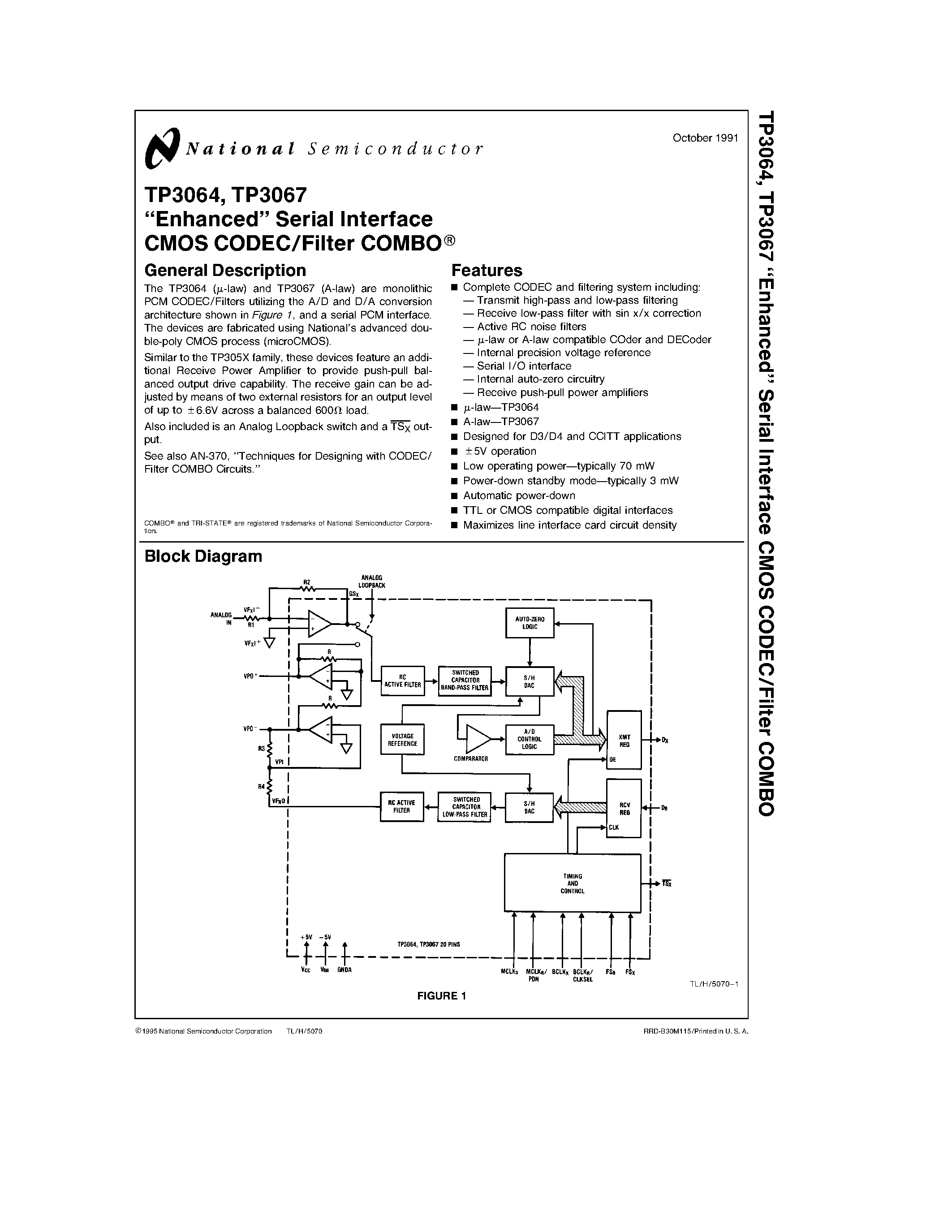 Datasheet TP3064 - Serial Interface CMOS CODEC/Filter COMBO page 1