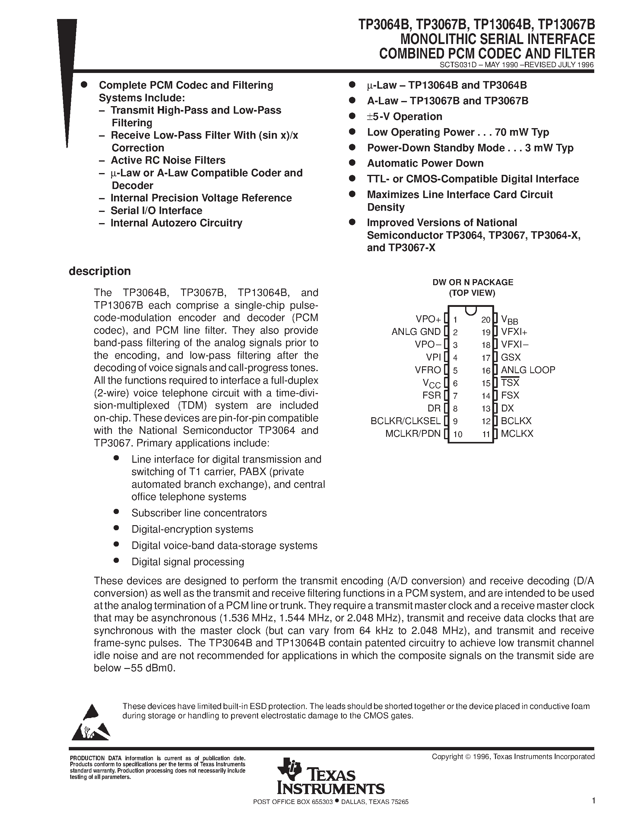 Datasheet TP3064B - MONOLITHIC SERIAL INTERFACE COMBINED PCM CODEC AND FILTER page 1