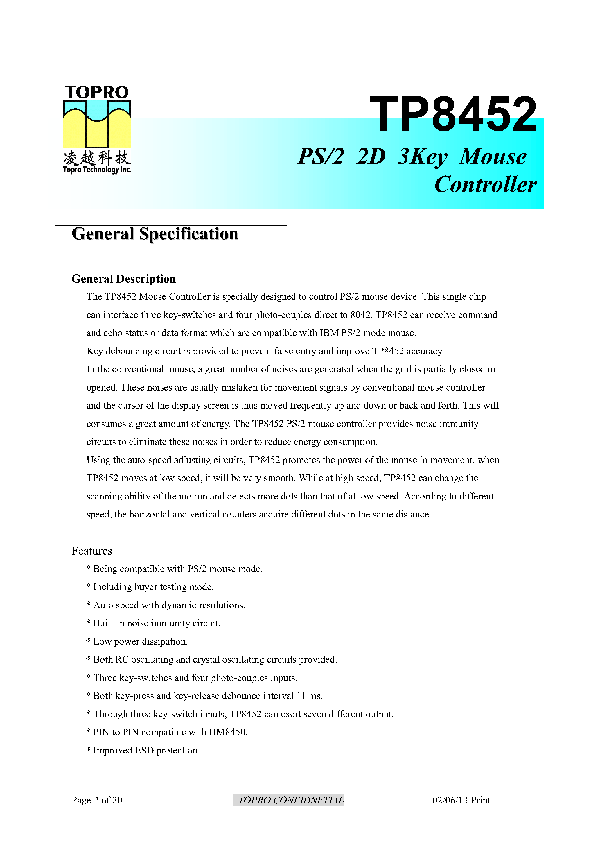 Даташит TP8452 - PS/2 2D 3KEY MOUSE CONTROLLER страница 2